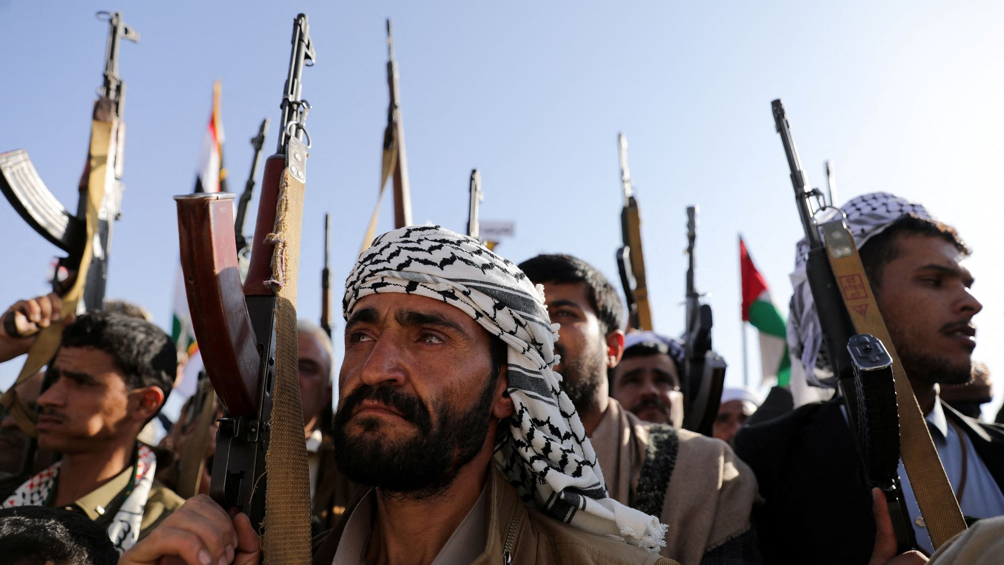 <div class="paragraphs"><p>Protesters, predominantly Houthi supporters, hold up weapons as they rally in solidarity with Palestinians in the Gaza Strip and with Lebanon's Hezbollah, amid Israel's conflicts with Hamas and Hezbollah, in Sanaa, Yemen November 15, 2024.</p></div>