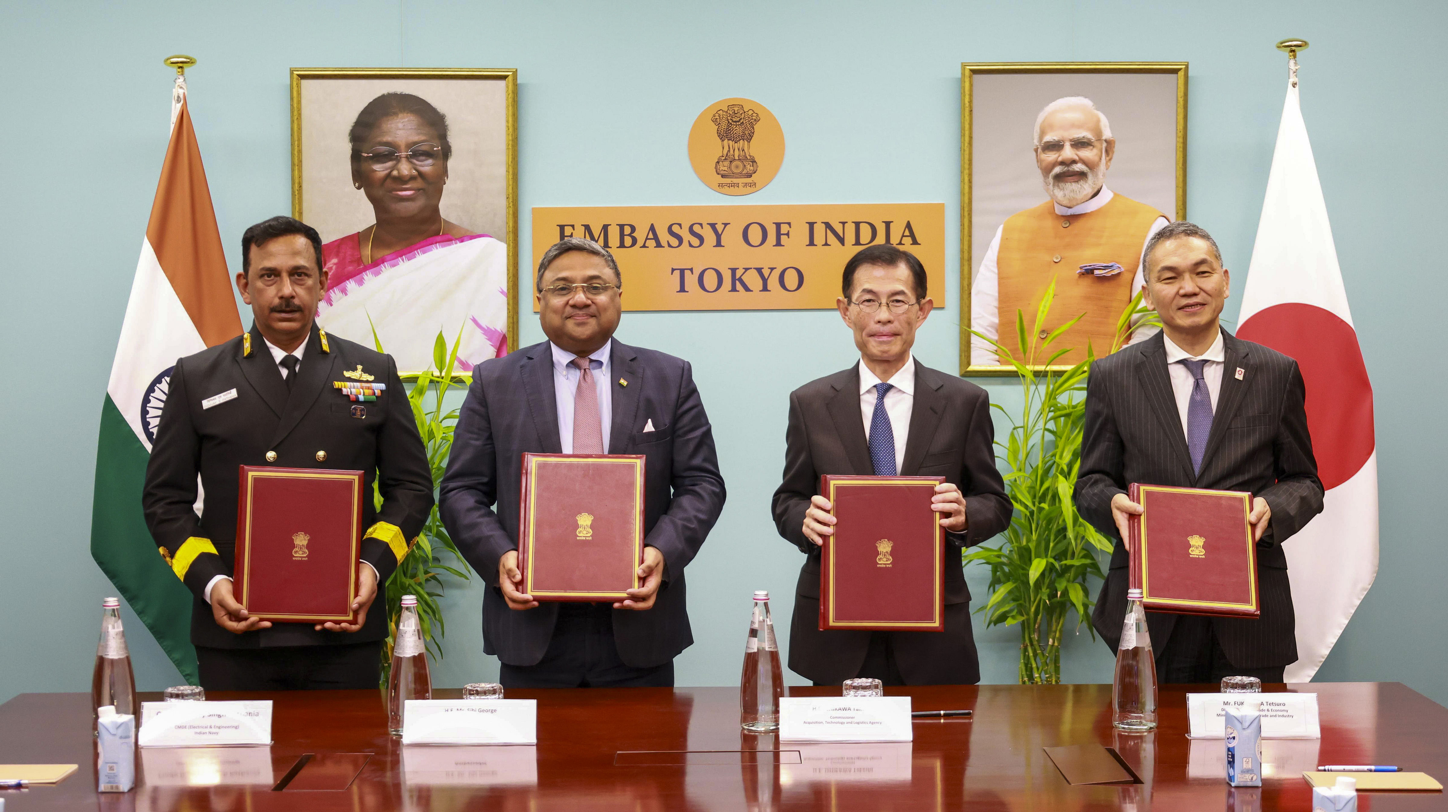 <div class="paragraphs"><p>Ambassador of India to Japan Sibi George, 2nd from left, and other dignitaries during the signing of a Memorandum of Implementation between Govt of India and Govt of Japan for co-development of UNICORN mast for fitment onboard ships of Indian Navy, at the Embassy of India, in Tokyo, Japan, Friday, Nov. 15, 2024.</p></div>