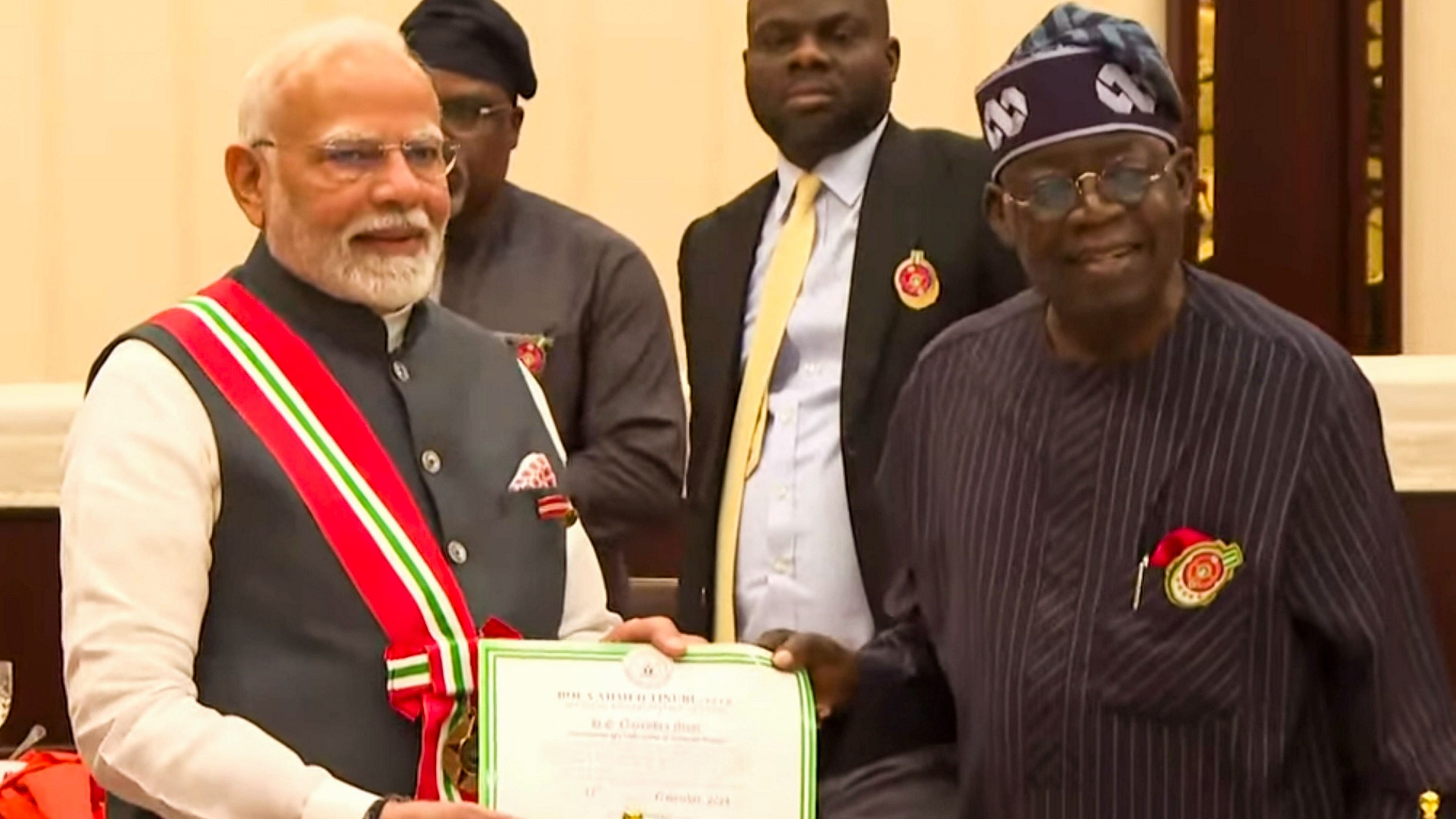 <div class="paragraphs"><p>PM Modi receiving the Grand Commander of the Order of the Niger award, Nov 17, 2024.</p></div>