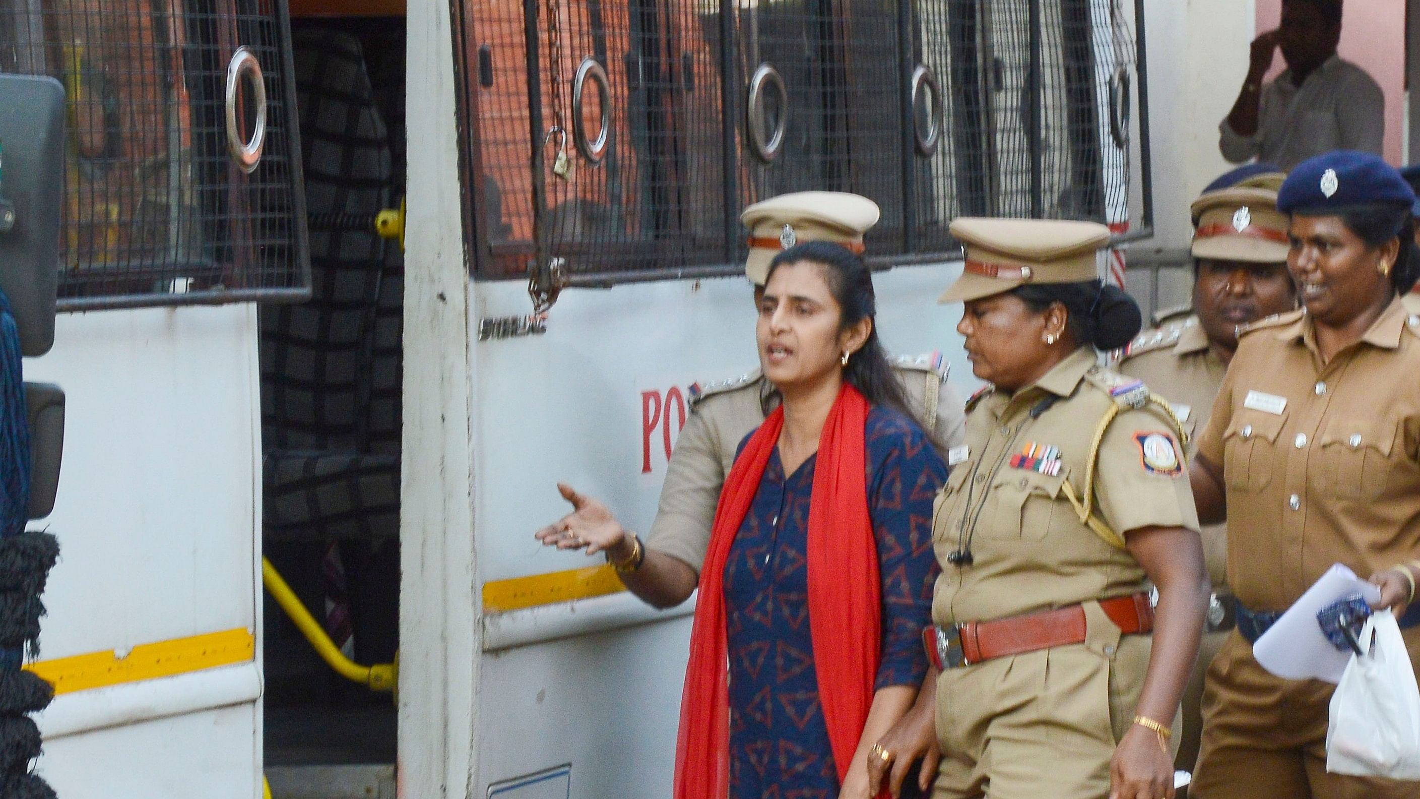 <div class="paragraphs"><p>Actor Kasthuri at a police station after her arrest over her remarks on the Telugu-speaking people of Tamil Nadu, in Chennai.</p></div>