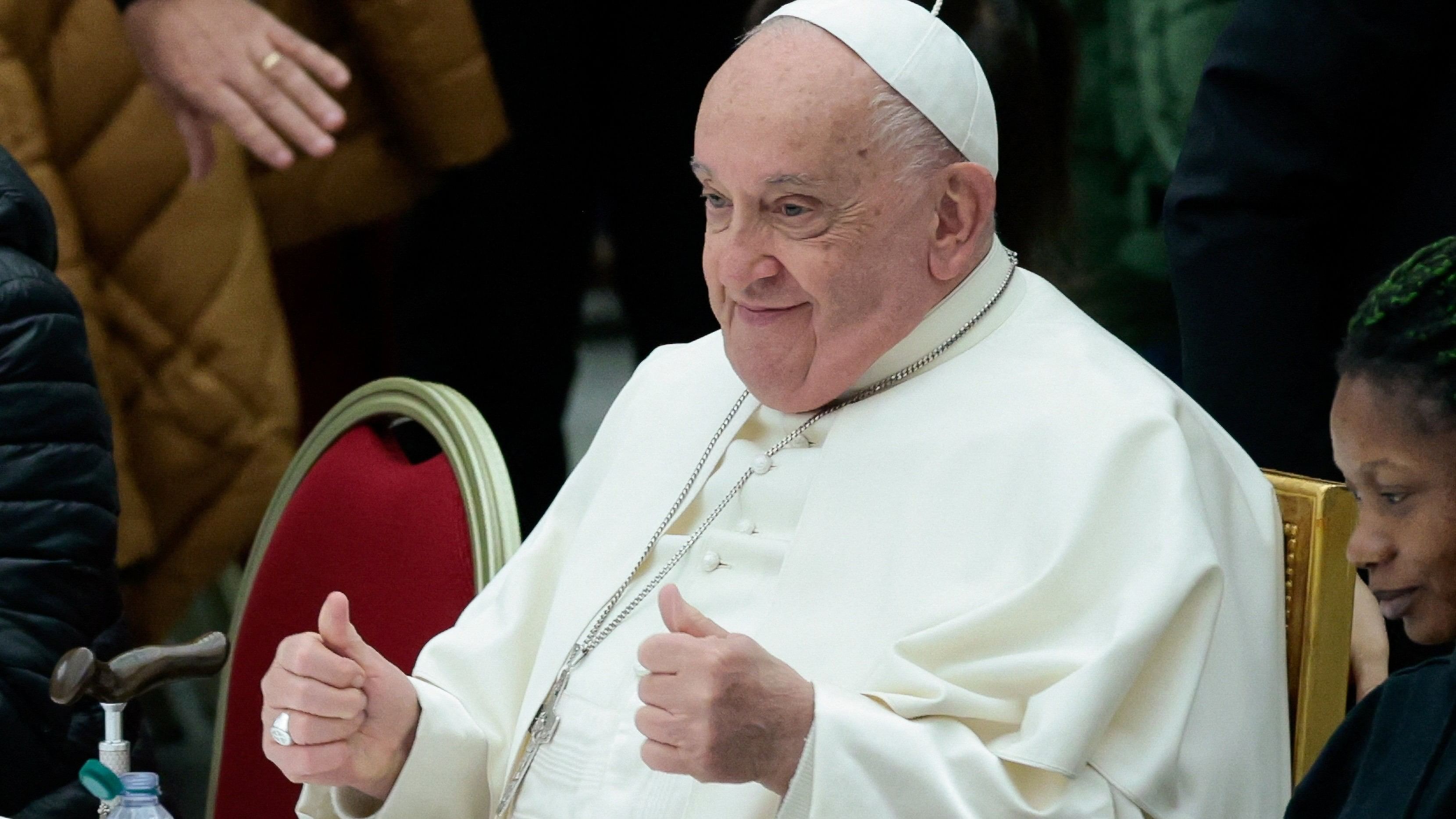 <div class="paragraphs"><p>Pope Francis gestures as he participates in a lunch offered by the Vatican to poor people, on World Day of the Poor, in Paul VI Hall at the Vatican.</p></div>