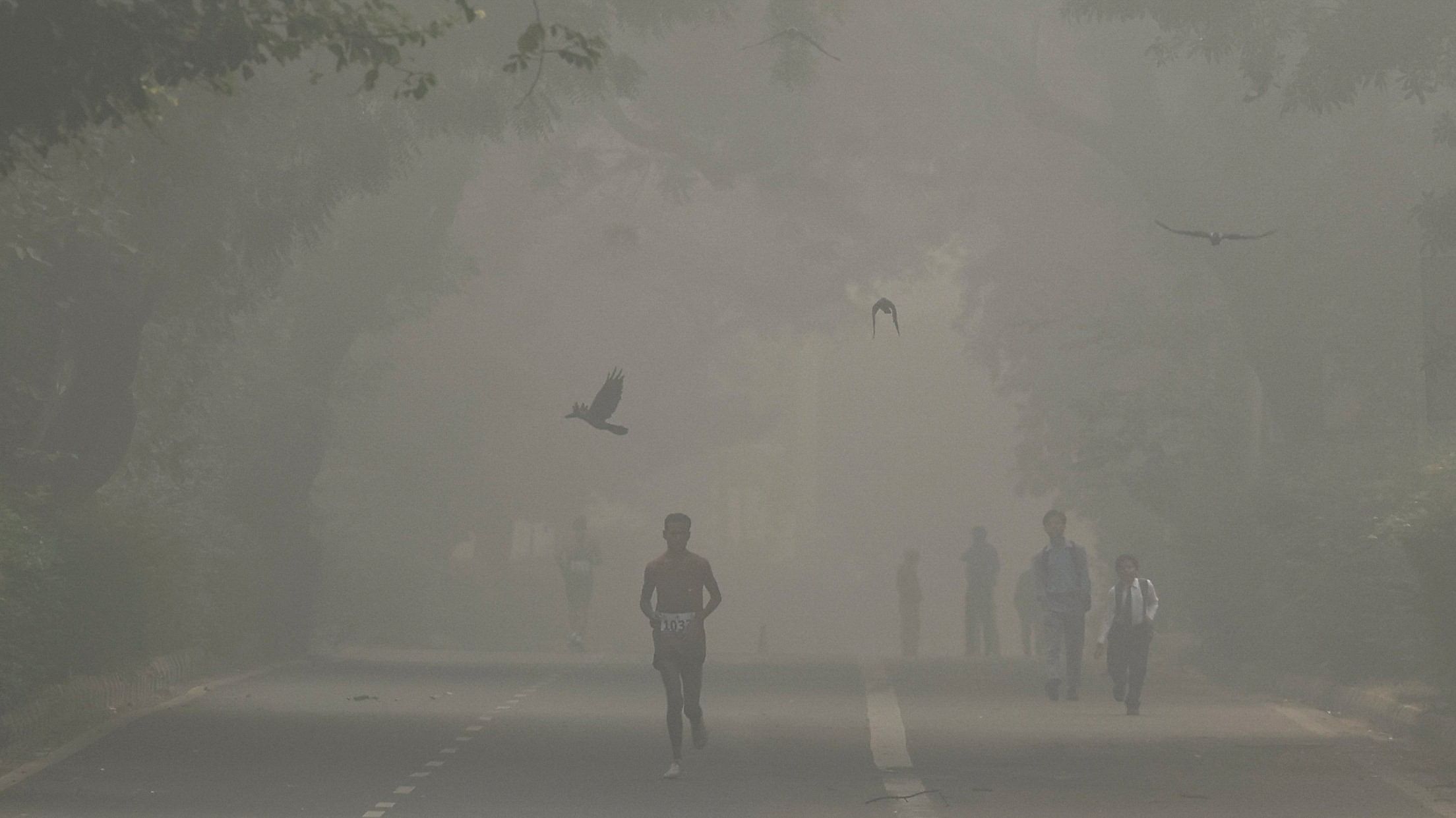 <div class="paragraphs"><p>A man jogs as he participates in a marathon while the sky is enveloped with smog after Delhi’s air quality was classified as "hazardous" amidst severe air pollution, in New Delhi, India</p></div>