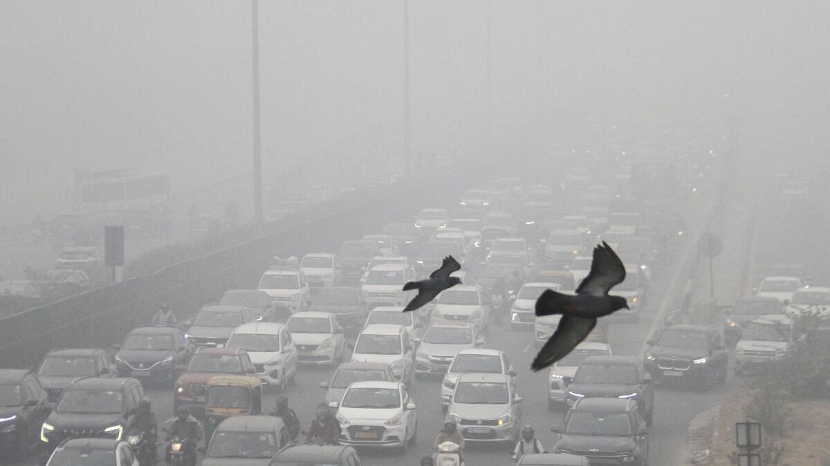 <div class="paragraphs"><p>Vehicles move on the Delhi-Gurugram Expressway amid low visibility due to smog, in Gurugram.</p></div>