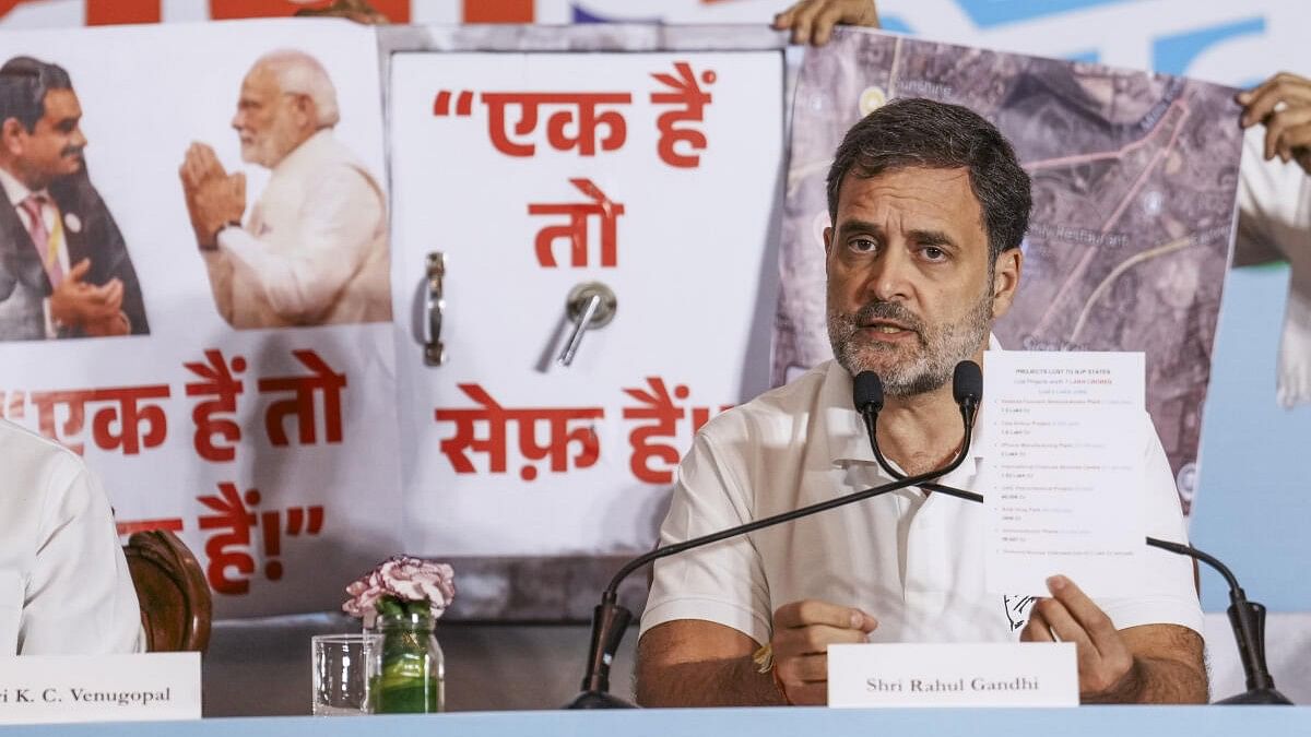 <div class="paragraphs"><p>Congress leader Rahul Gandhi addresses a press conference, in Mumbai, Monday, November 18, 2024.</p></div>