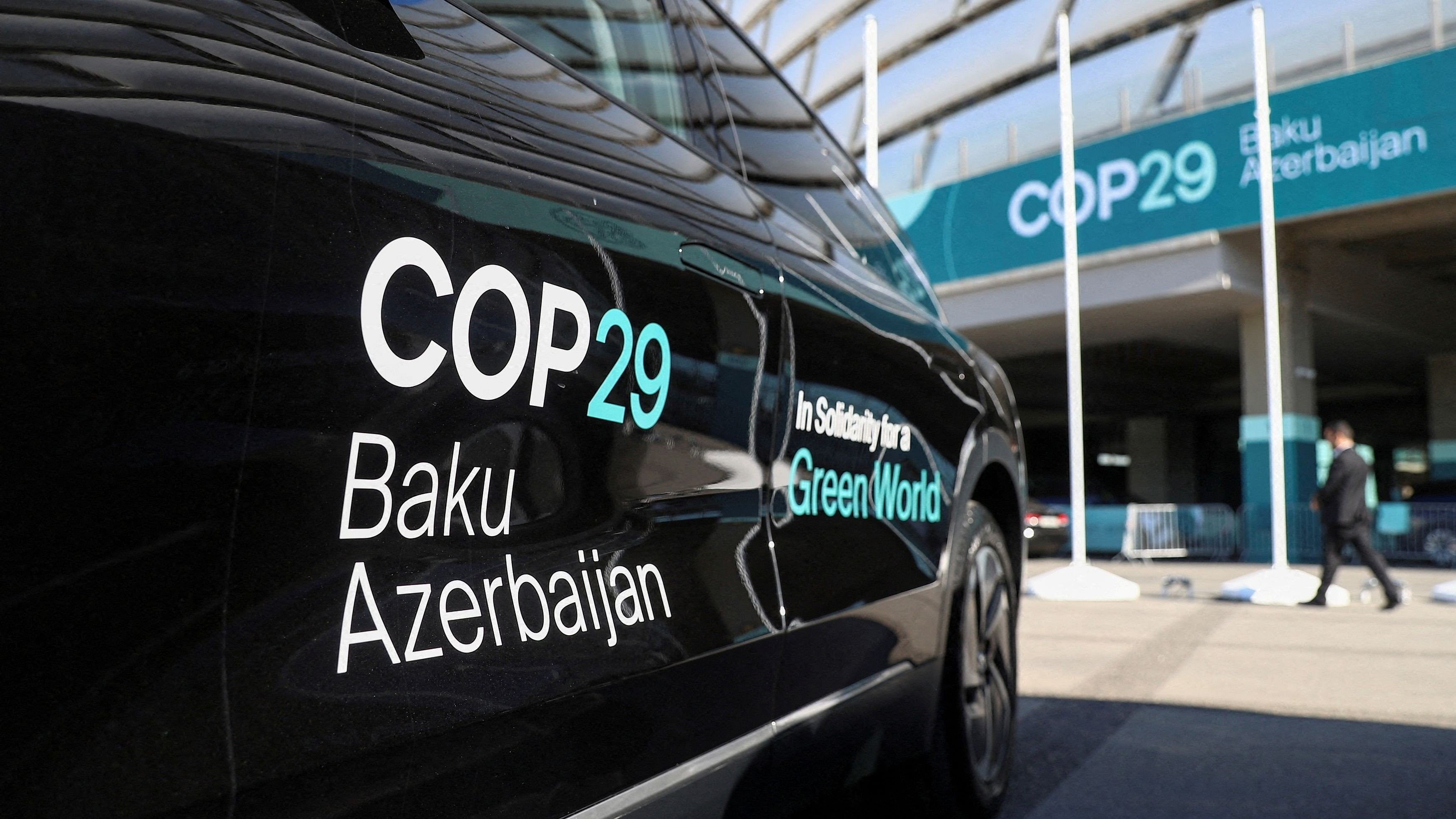 <div class="paragraphs"><p>A car is parked at the venue of the United Nations climate change conference, known as COP29, during a media tour ahead of the summit beginning in Baku, Azerbaijan.</p></div>