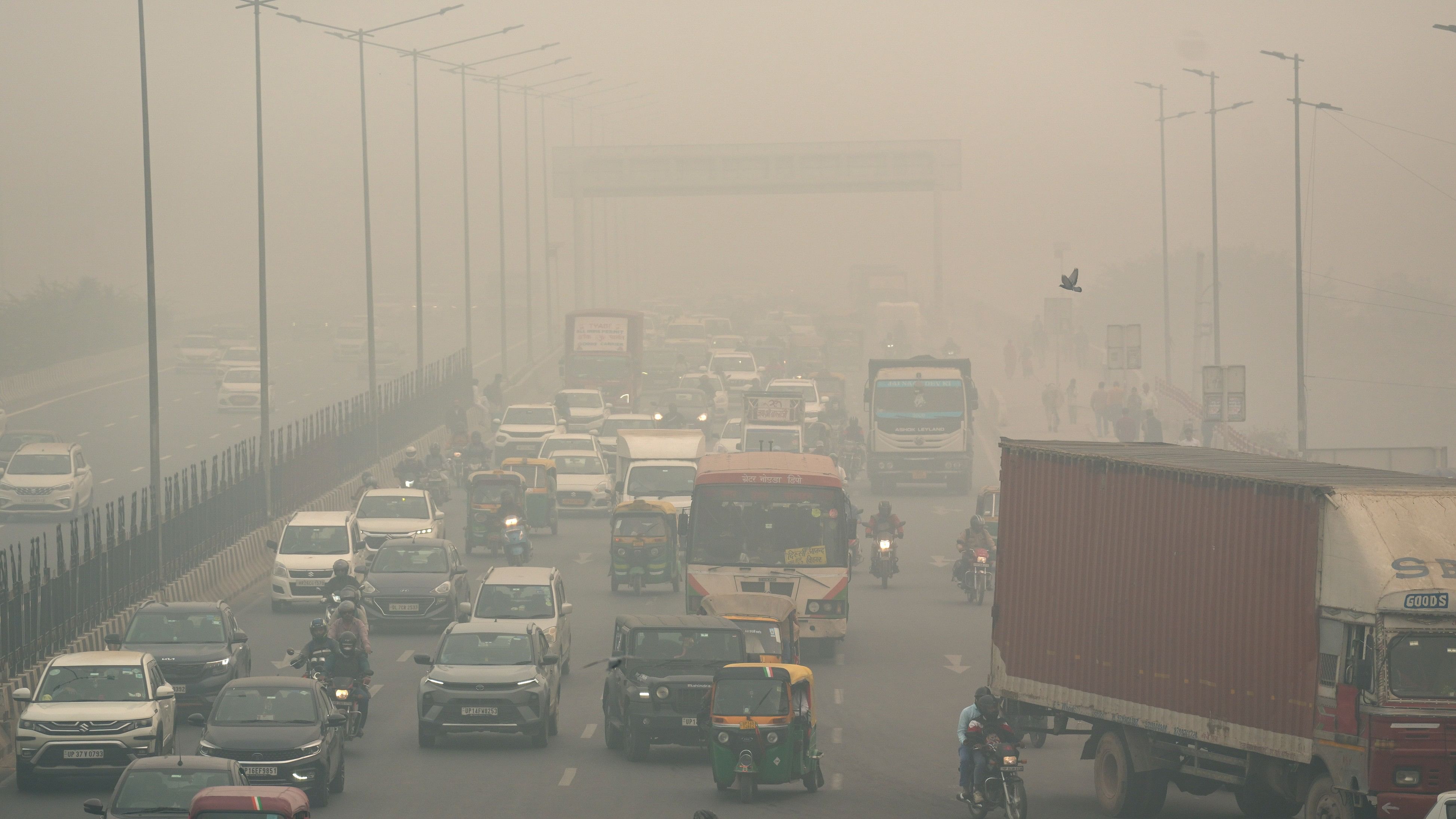 <div class="paragraphs"><p>Vehicles play on a road amid smog as air quility remains in 'severe' category, in New Delhi, on Monday.</p></div>