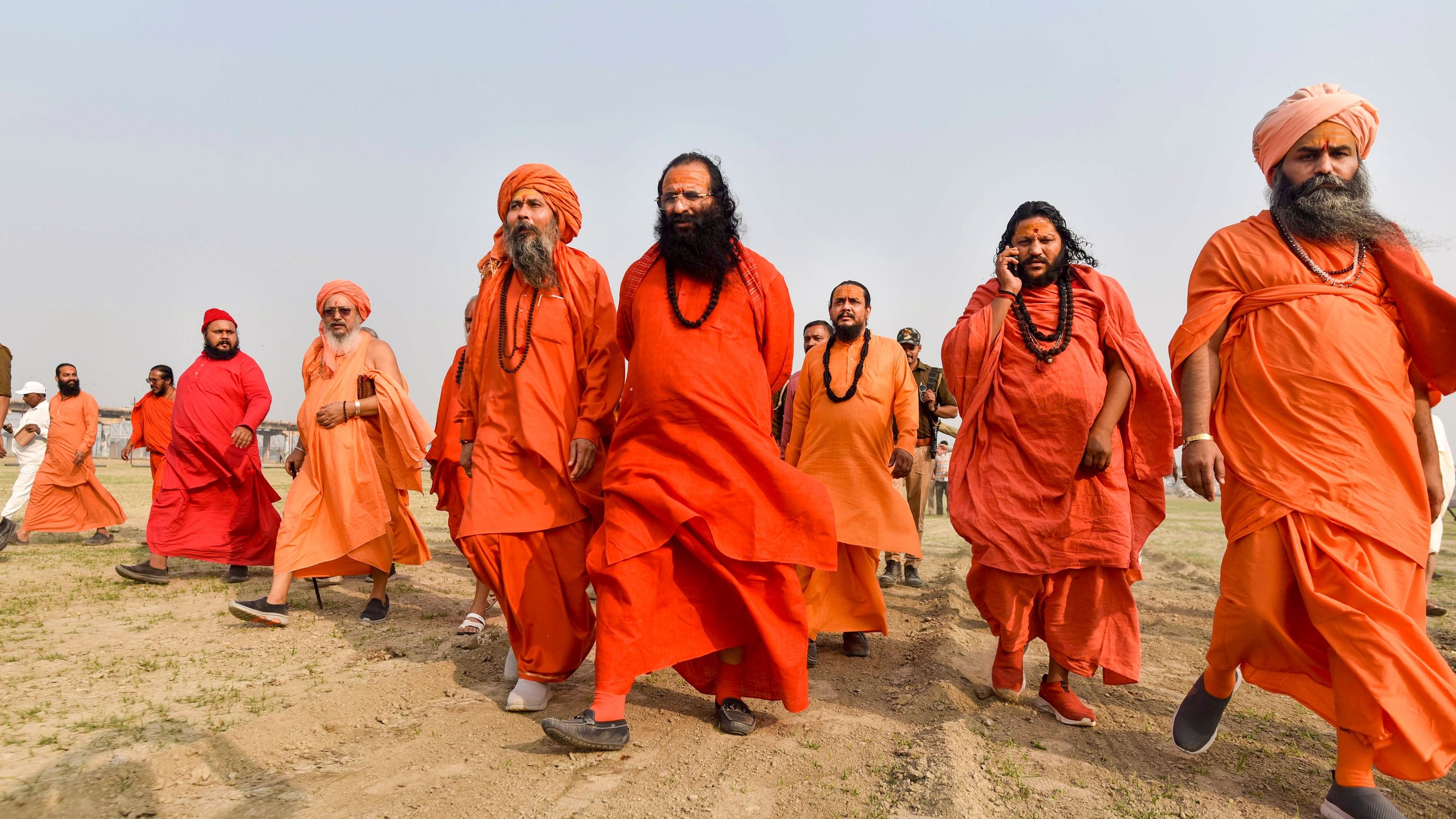 <div class="paragraphs"><p> Akhil Bharatiya Akhara Parishad (ABAP) Mahant Ravindra Puri with other Hindu monks during allotment of land for setting up tents for the upcoming Maha Kumbh Mela 2025, in Prayagraj.</p></div>