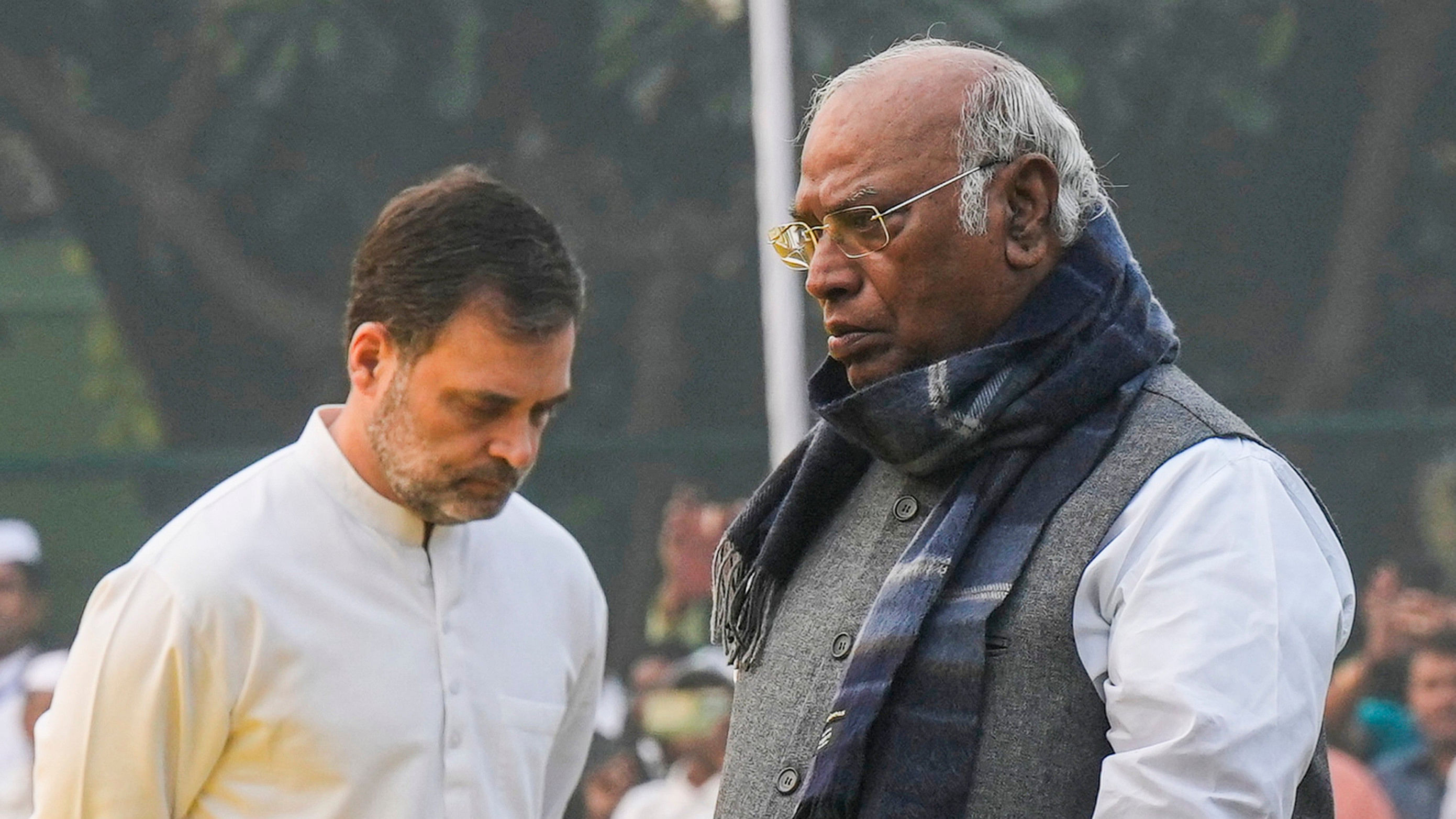 <div class="paragraphs"><p> Congress President Mallikarjun Kharge and party MP Rahul Gandhi pay tribute to former prime minister Indira Gandhi on her birth anniversary, at Shakti Sthal in New Delhi, Tuesday, Nov. 19, 2024.</p></div>