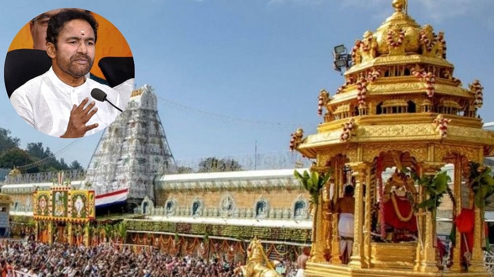 <div class="paragraphs"><p>(Inset) Union minister G Kishan Reddy and a file photo of the Tirumala temple.</p></div>