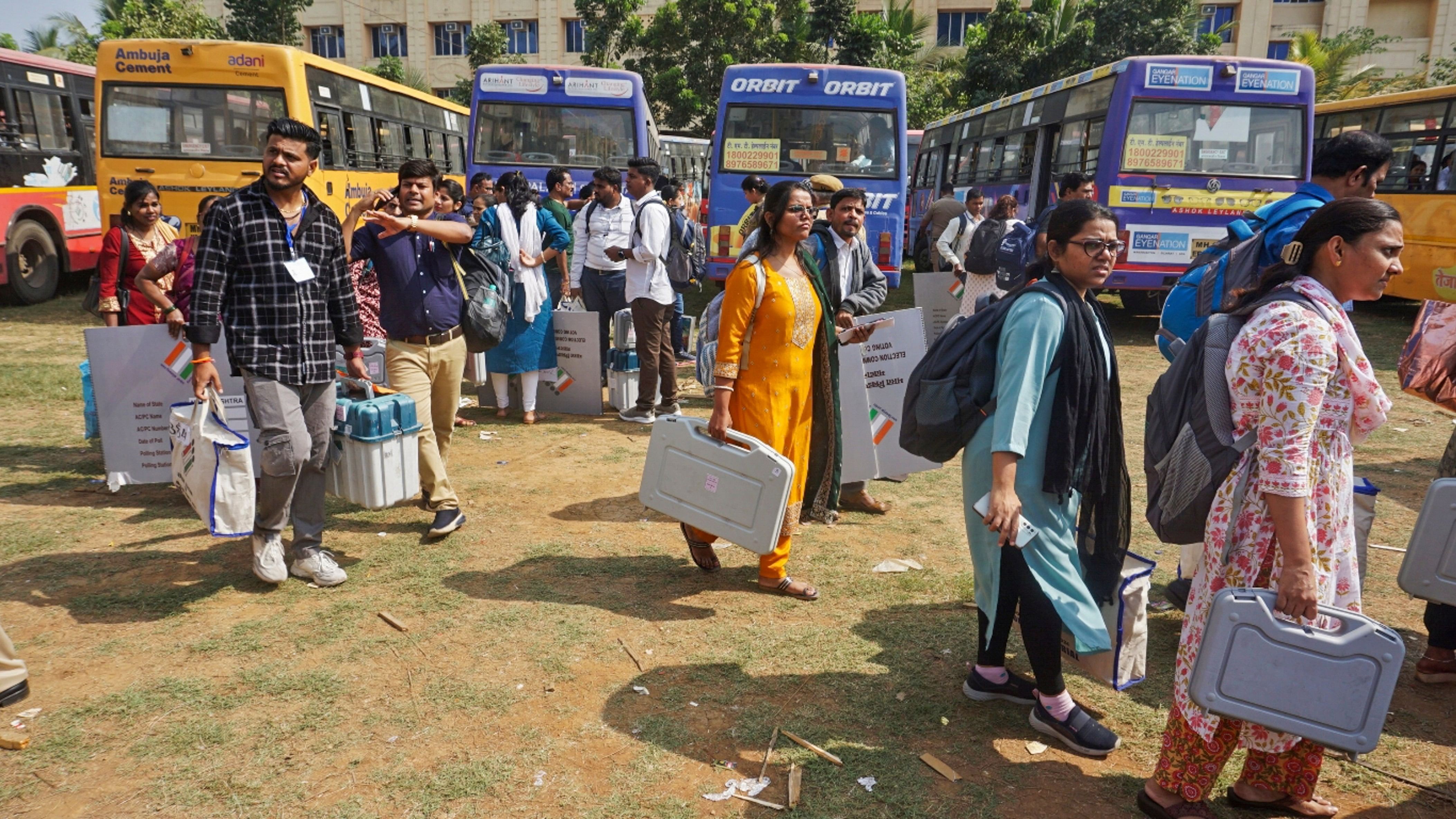 <div class="paragraphs"><p>Thane: Polling officials with EVMs and other election material leave for their respective polling stations on the eve of voting for the Maharashtra Assembly polls, in Thane, Maharashtra, Tuesday, Nov. 19, 2024. </p></div>