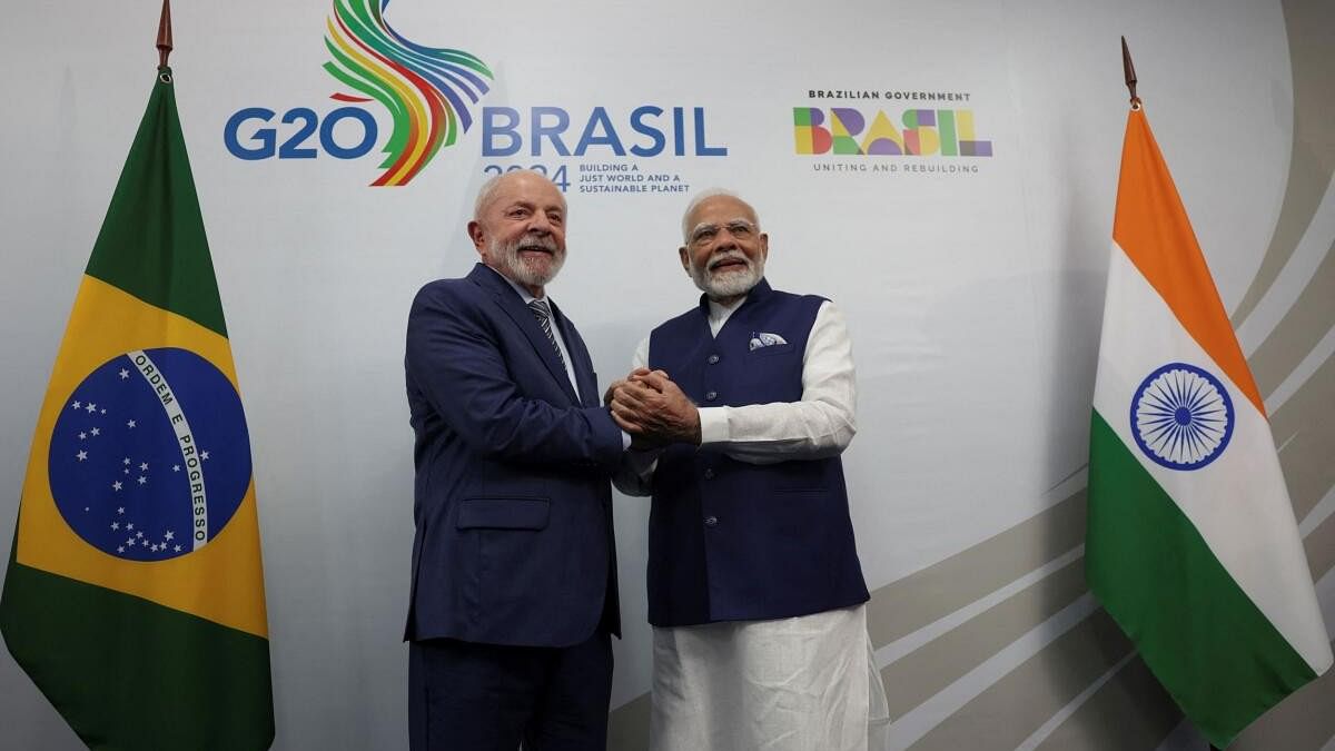 <div class="paragraphs"><p>Brazil's President Luiz Inacio Lula da Silva meets with Prime Minister Narendra Modi as they hold a bilateral meeting during the G20 summit, in Rio de Janeiro.&nbsp;</p></div>