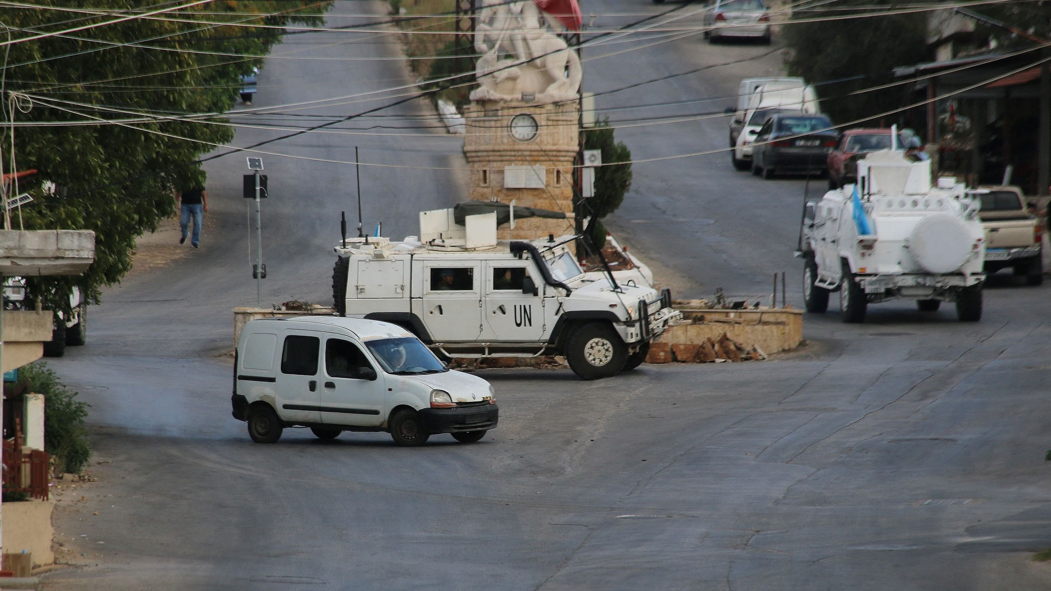 <div class="paragraphs"><p>The UNIFIL United Nations peacekeepers' vehicles drive on a road amid ongoing hostilities between Hezbollah and Israeli forces, in the town of Qlayaa, southern Lebanon.</p></div>