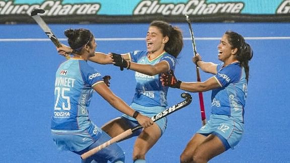 <div class="paragraphs"><p>India's Navneet Kaur, 25, celebrates after scoring a goal during the Women's Asian Champions Trophy 2024 semifinal hockey match.</p></div>