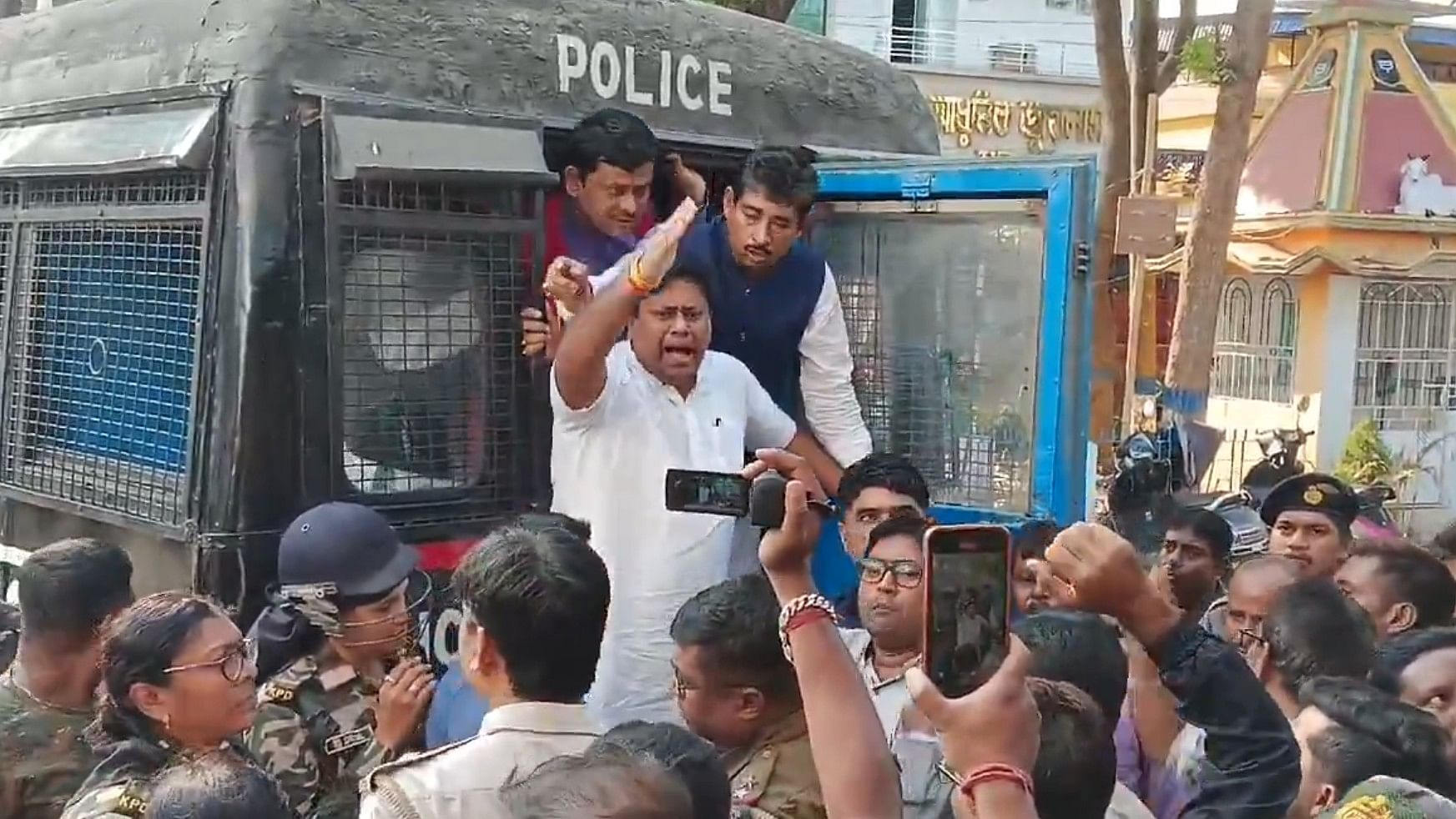 <div class="paragraphs"><p>Bengal BJP president Sukanta Majumdar after he was stopped by cops.&nbsp;</p></div>