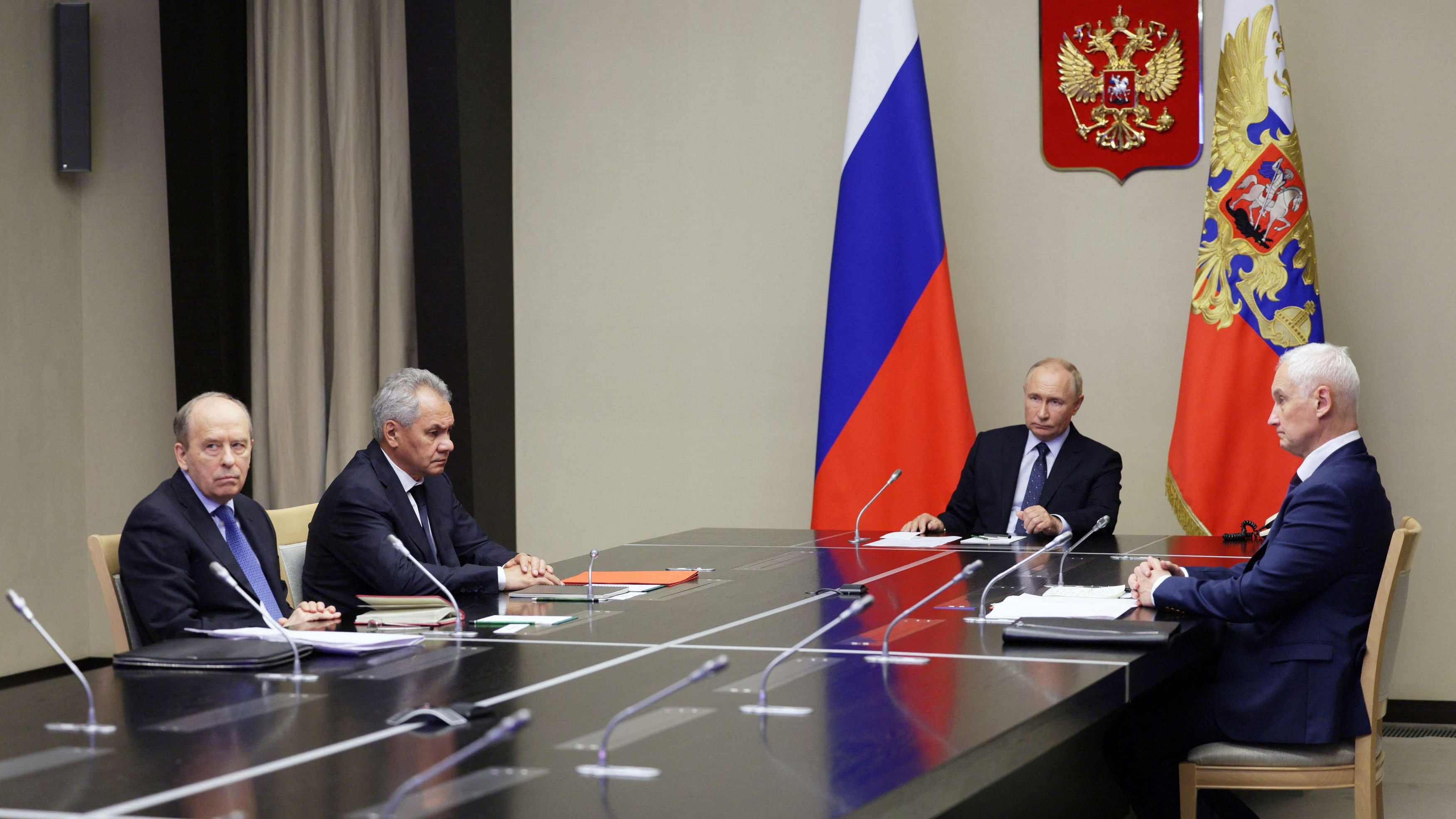 <div class="paragraphs"><p>Director of the Federal Security Service  Alexander Bortnikov, Security Council's Secretary Sergei Shoigu, Russian President Vladimir Putin and Defence Minister Andrei Belousov </p></div>