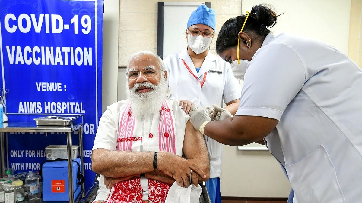 <div class="paragraphs"><p>File photo of PM Modi  being administered the first dose of Covid-19 vaccine at AIIMS in New Delhi.&nbsp;</p></div>