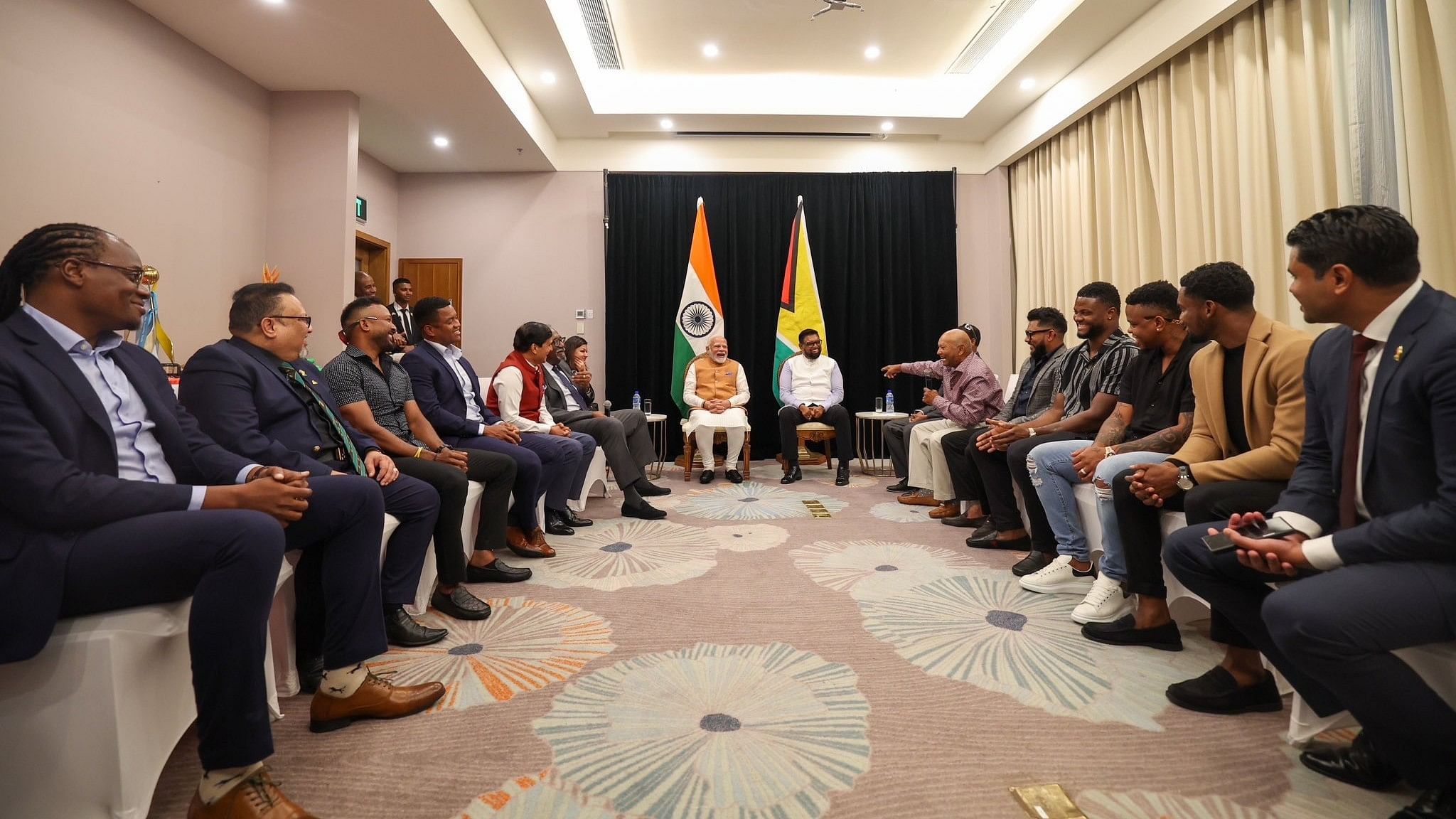 <div class="paragraphs"><p>PM Modi along met with prominent Cricket personalities from the West Indies today in Georgetown. <br></p></div>