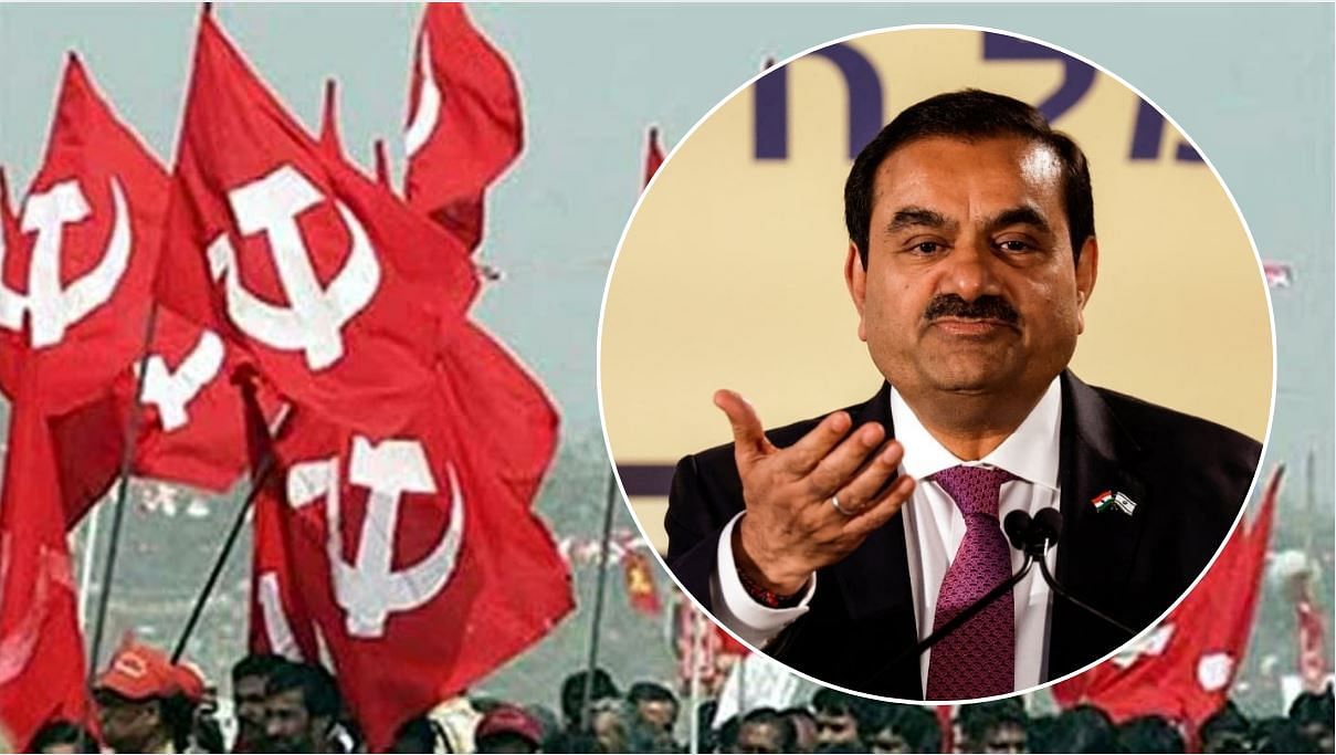 <div class="paragraphs"><p>CPI(M) flags and Indian industrialist Gautam Adani</p></div>