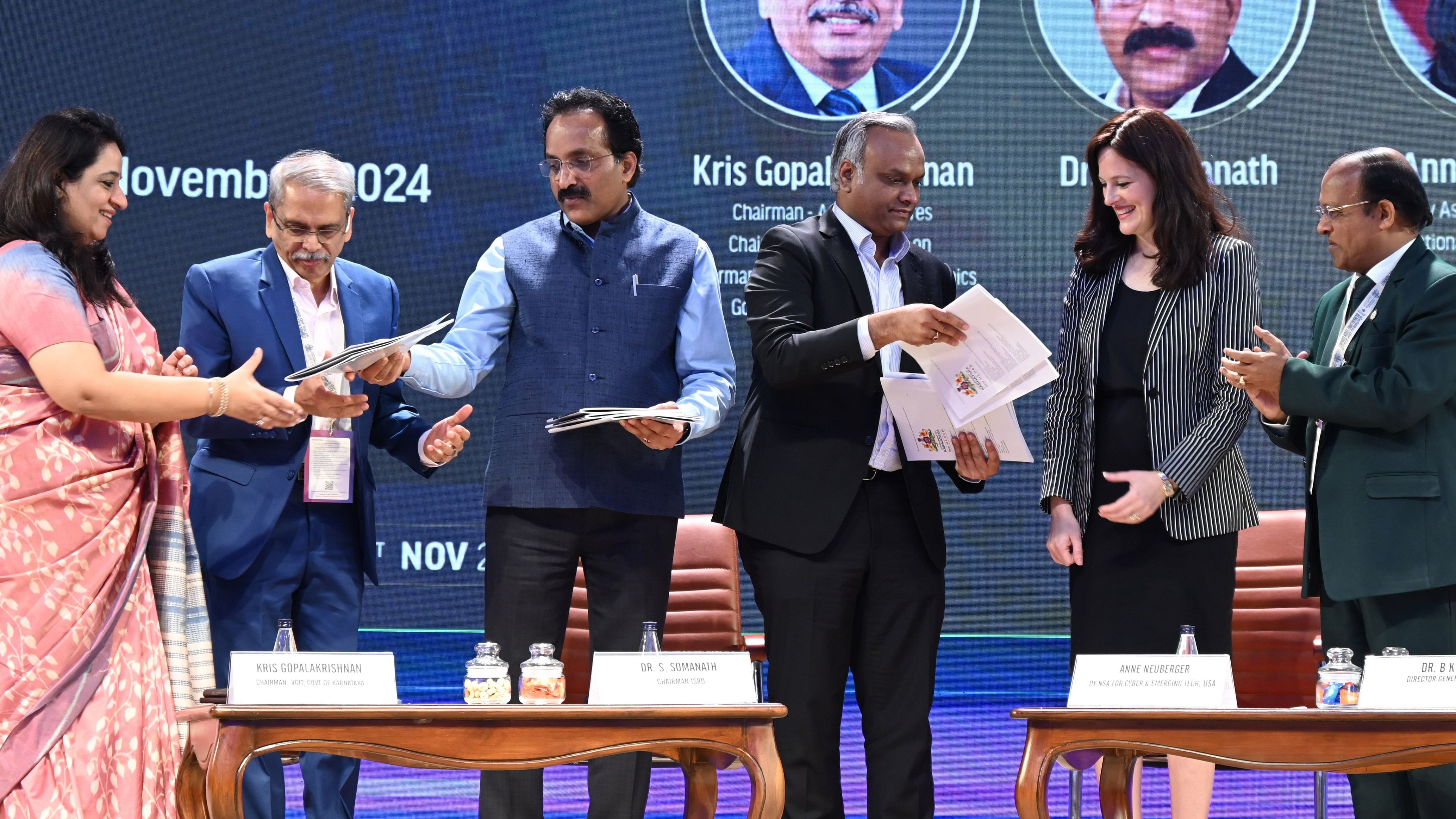 <div class="paragraphs"><p>IT &amp; BT Minister Priyank Kharge release of Karnataka Space Policy during the 2nd day of 27th Edition of the Bangalore Tech Summit 2024 at Palace in Bengaluru on Wednesday. (From left) IT &amp; BT Secretary Ekroop Caur, Chairman of Axilor Ventures Kris Gopalakrishnan, ISRO Chairman Dr S Somanath, Deputy Assistant to the President &amp; Deputy National Security Advisor for Cyber &amp; Emerging Technologies USA Anne Neuberger and Director General Electronics &amp; Communication system DRDO, Dr B K Das are also seen. </p></div>