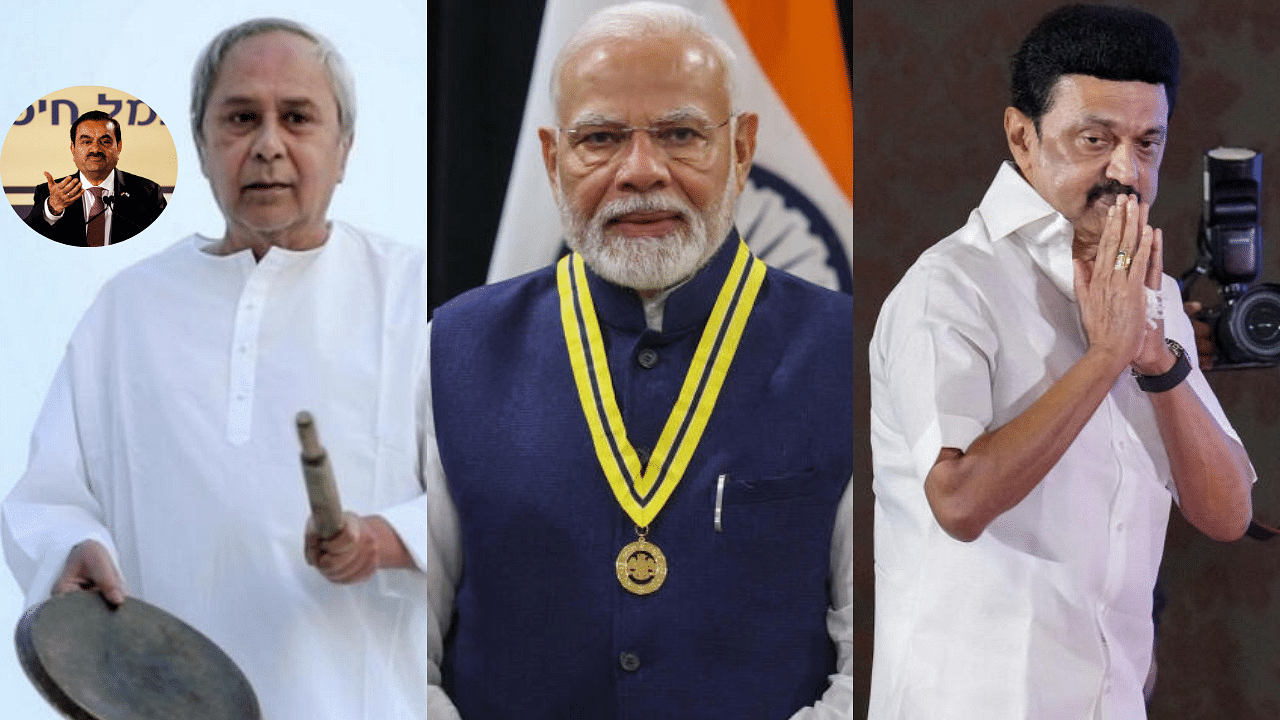 <div class="paragraphs"><p>Naveen Patnaik then-CM of Odisha, PM Narendra Modi, and Tamil Nadu CM M K Stalin are seen in this collage with an inset image of Gautam Adani</p></div>