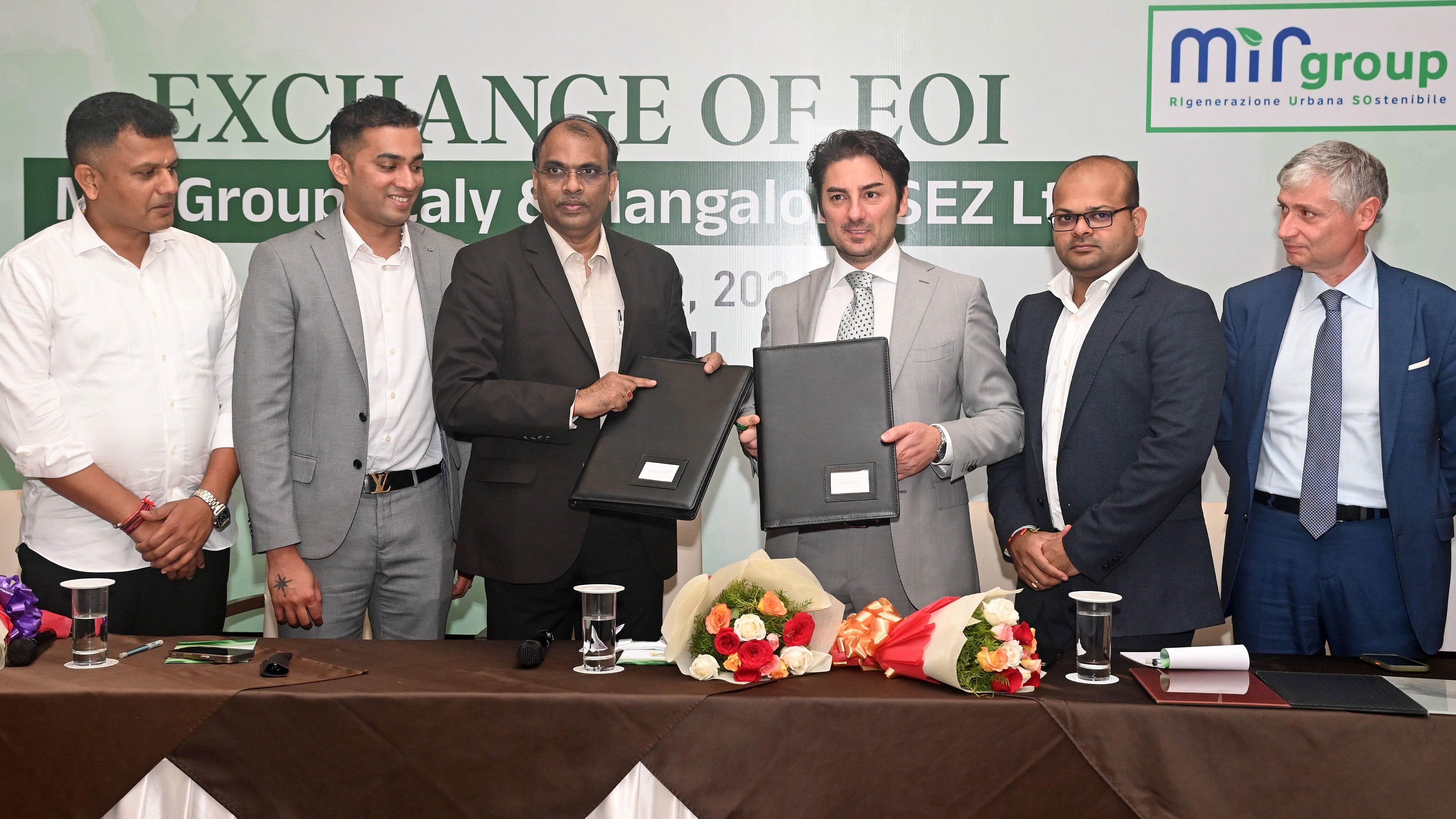 <div class="paragraphs"><p>MSEZ CEO Suryanarayana V and MIR Group CEO Raffaele Marrazzo&nbsp;exchange expression of interest (EOI) between MIR Group, Italy and Mangaluru Special Economic Zone Ltd (MSEZ) in Mangaluru on Friday. </p></div>