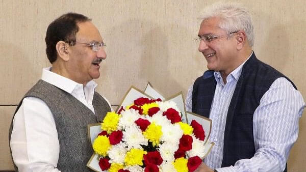 <div class="paragraphs"><p>Union Minister and BJP National President JP Nadda during a meeting with newly joined party leader Kailash Gahlot.</p></div>