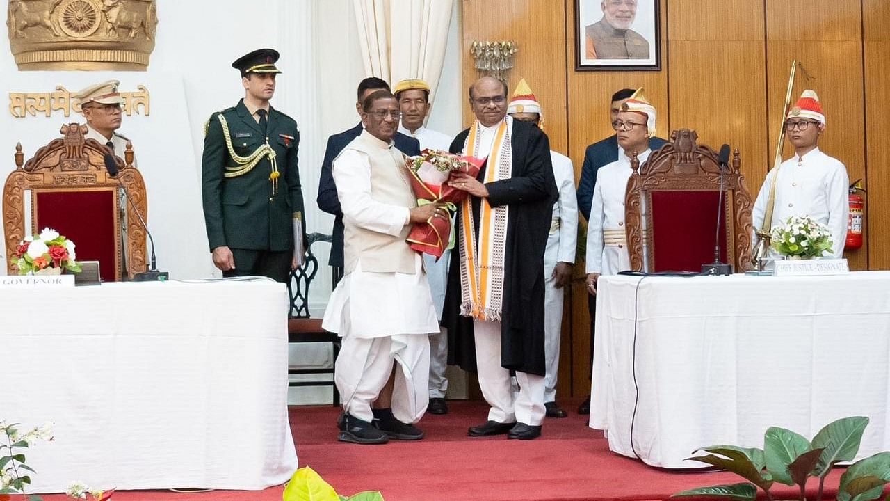 <div class="paragraphs"><p>Governor Lakshman Prasad Acharya with Justice D Krishnakumar at Raj Bhavan in Imphal.&nbsp;</p></div>