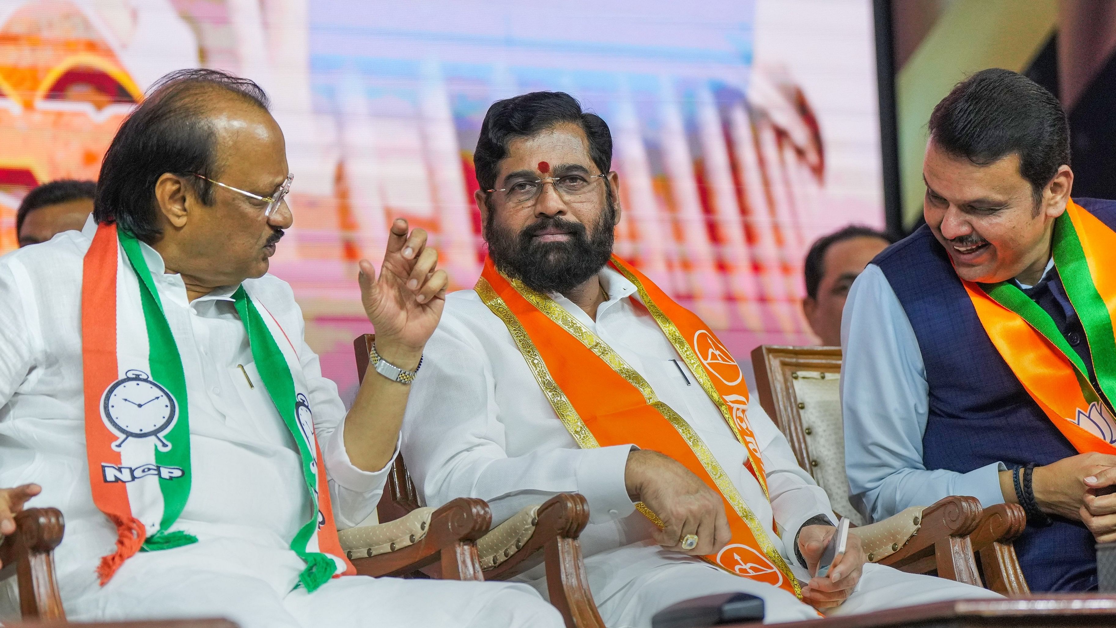 <div class="paragraphs"><p>Maharashtra Chief Minister Eknath Shinde with Deputy Chief Ministers Devendra Fadnavis and Ajit Pawar during the 'Mahayuti' alliance meeting, in Mumbai,.</p></div>