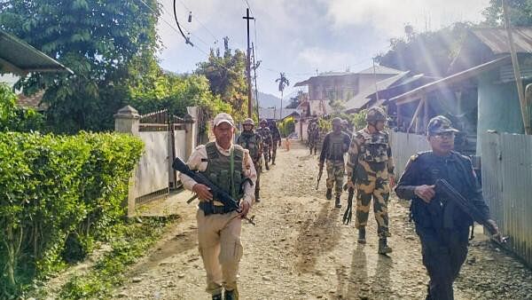 <div class="paragraphs"><p>Security personnel conduct patrolling in a sensitive area of Manipur. Search operations and area domination were conducted by security forces in the fringe and vulnerable areas of hill and valley districts of the state.</p></div>