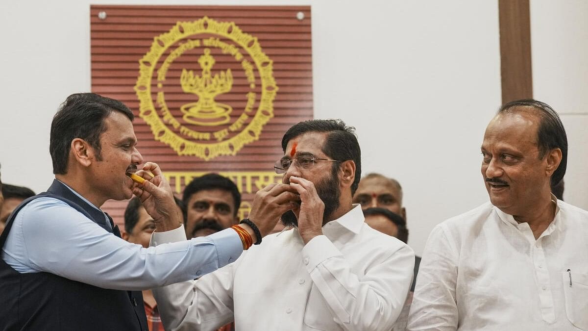 <div class="paragraphs"><p>Eknath Shinde with Devendra Fadnavis (left) and Ajit Pawar celebrate the Maha Yuti win.&nbsp;</p></div>