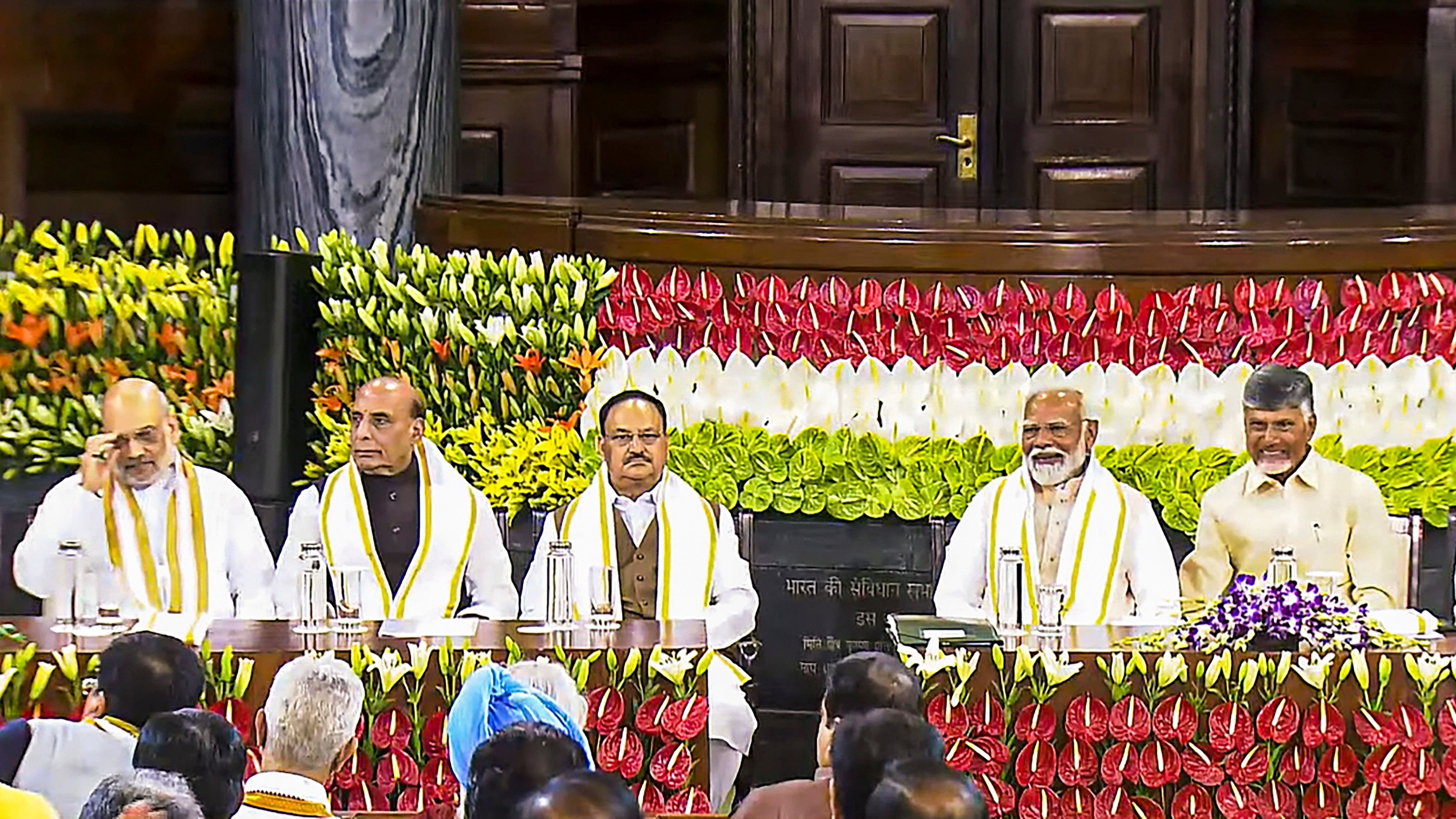 <div class="paragraphs"><p>File Photo: Senior BJP leader and Prime Minister Narendra Modi with TDP chief N. Chandrababu Naidu, Bihar CM and JD(U) leader Nitish Kumar, BJP leaders Amit Shah and Rajnath Singh, and BJP National President J.P. Nadda during the NDA parliamentary party meeting at Samvidhan Sadan, in New Delhi.</p></div>