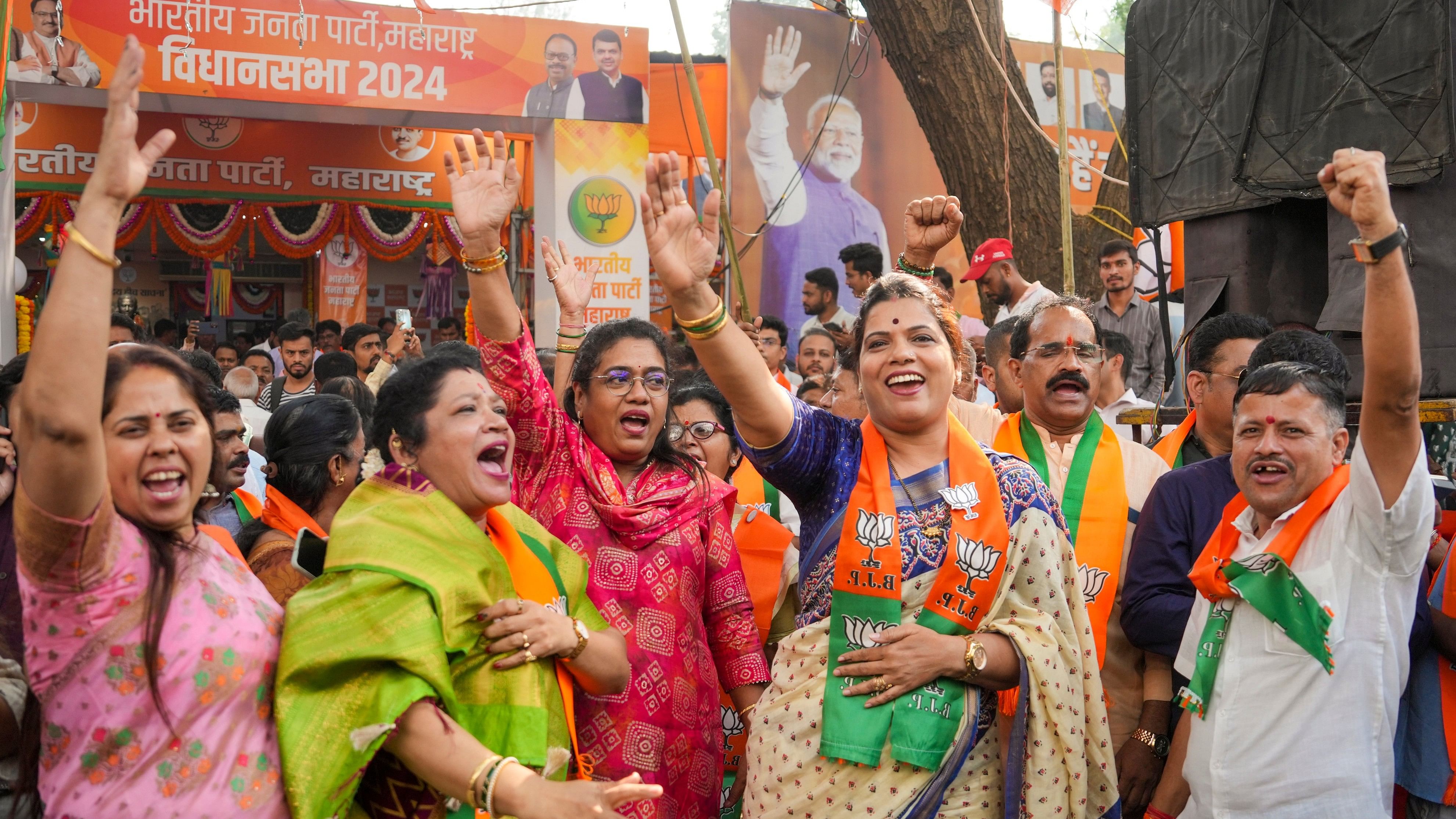 <div class="paragraphs"><p>BJP workers celebrate Mahayuti's decisive lead in Maharashtra Assembly elections, in Mumbai, Saturday, Nov. 23, 2024.  </p></div>