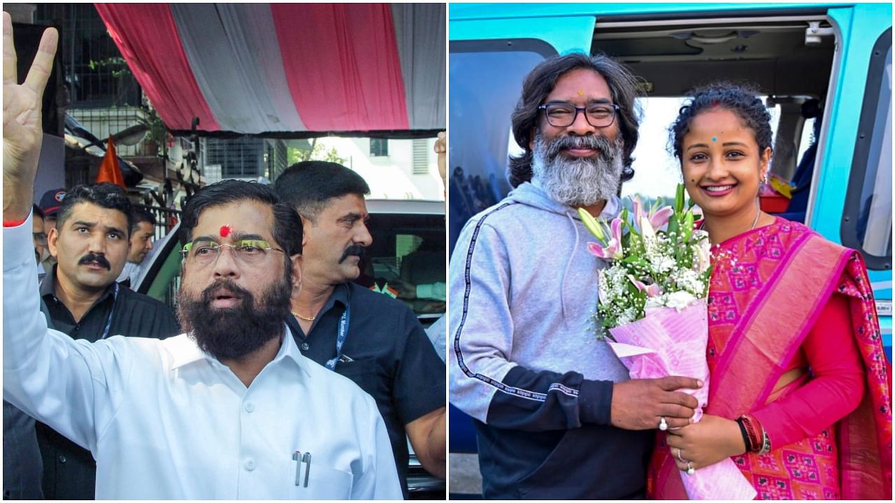 <div class="paragraphs"><p>Eknath Shinde (left) and Hemant Soren with his wife Kalpana Soren.</p></div>