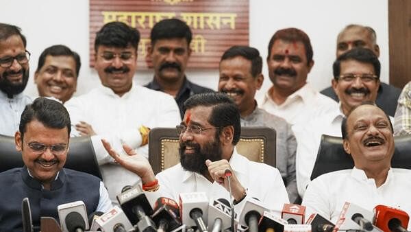 <div class="paragraphs"><p>Maharashtra Chief Minister Eknath Shinde with Deputy Chief Ministers Devendra Fadnavis and Ajit Pawar during a press conference as the BJP-led Mahayuti alliance secures victory amid the counting of votes for the Maharashtra Assembly elections, in Mumbai.&nbsp;</p></div>