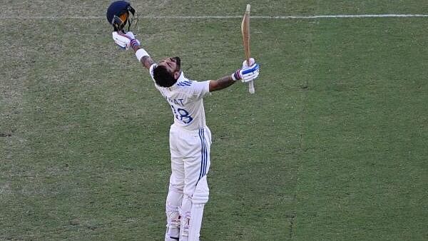 <div class="paragraphs"><p>Virat Kohli celebrates after reaching his century.&nbsp;</p></div>