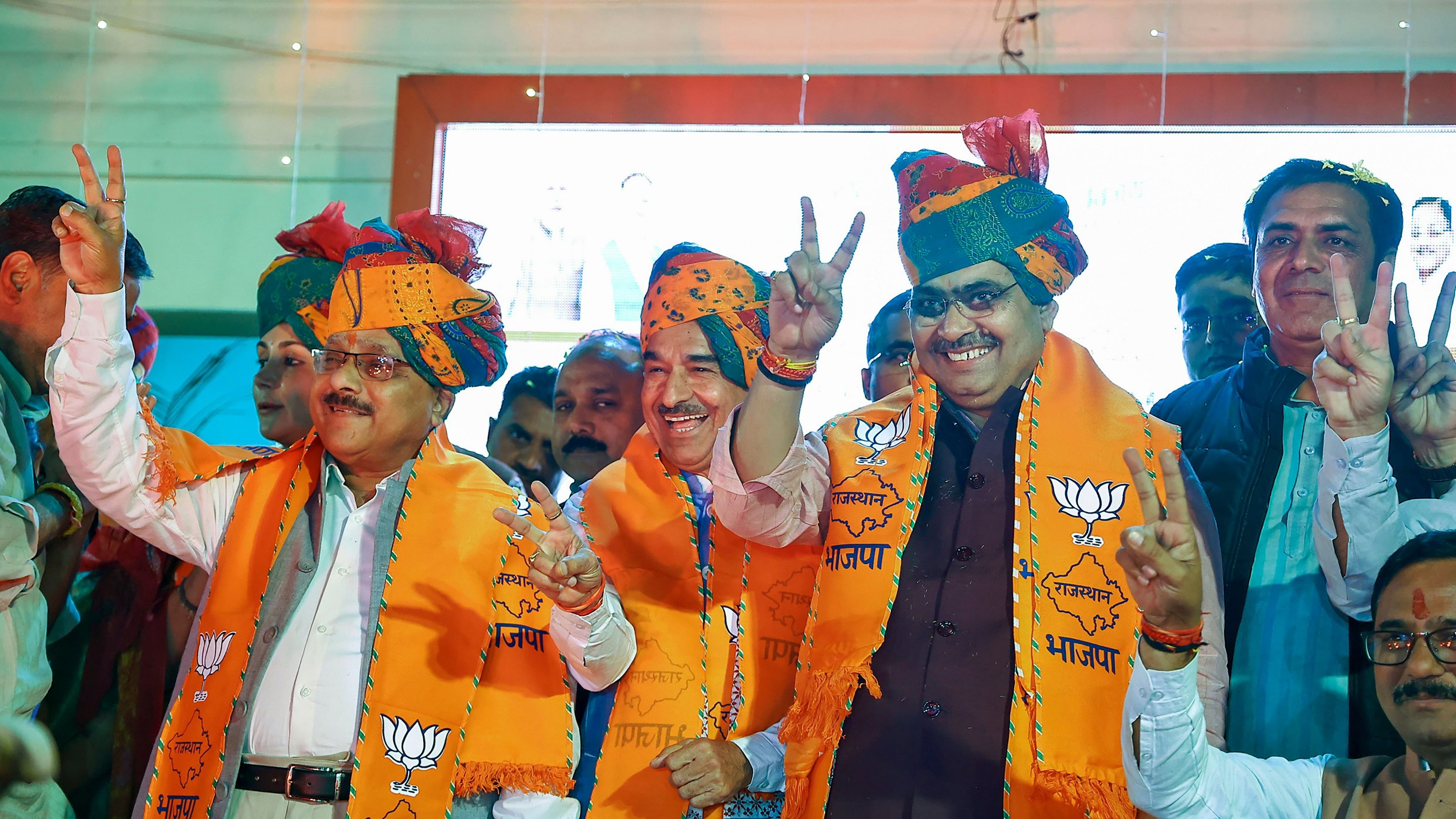 <div class="paragraphs"><p>Rajasthan Chief Minister Bhajan Lal Sharma, state BJP president Madan Rathore, and party leader Radha Mohan Das Agarwal during celebrations after the party's victory in five of the Assembly bypolls, in Jaipur. </p></div>