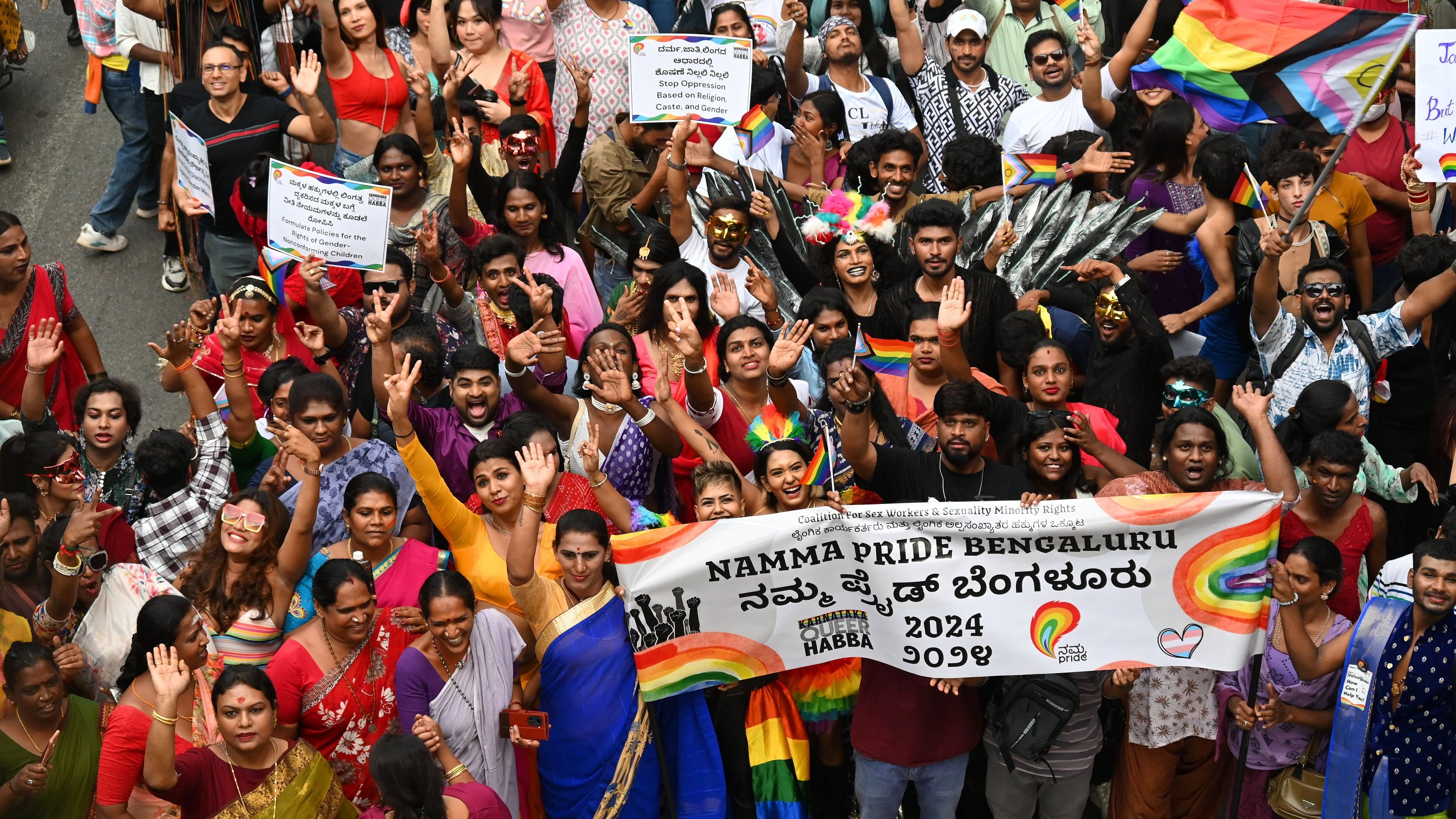 <div class="paragraphs"><p>Supporters and members of the LGBTQIA+ community at the annual Namma Pride Walk in Bengaluru on Sunday. The walk commenced at the Sree Kanteerava Stadium and culminated at Samsa Bayalu Ranga Mandira. </p></div>