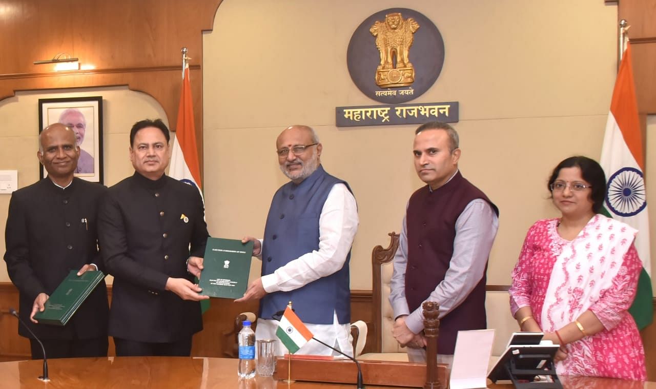 <div class="paragraphs"><p>Deputy Election Commissioner of Election Commission of India Hirdesh Kumar and Chief Electoral Officer, Maharashtra A Chockalingam called on Maharashtra Governor C P Radhakrishnan and presented the copies of the Gazette containing names of members elected to the Legislative Assembly of Maharashtra</p></div>