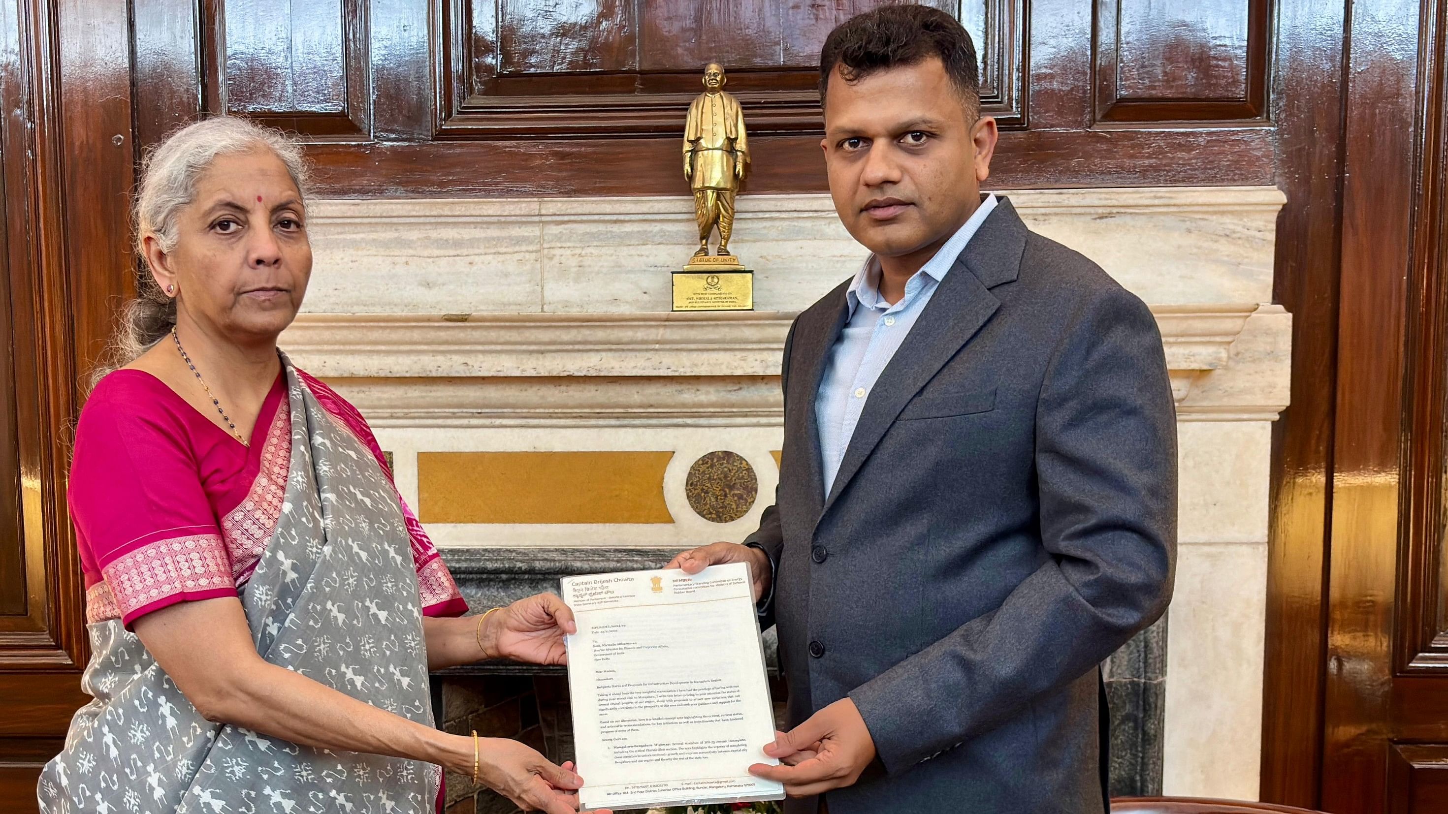 <div class="paragraphs"><p>Dakshina Kannada MP Capt Brijesh Chowta (R) with Union Finance Minister Nirmala Sitharaman (L) in New Delhi.</p></div>