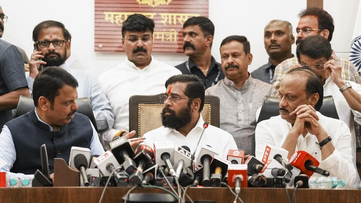 <div class="paragraphs"><p>Maharashtra Chief Minister Eknath Shinde with Deputy Chief Ministers Devendra Fadnavis and Ajit Pawar during a press conference.&nbsp;</p></div>