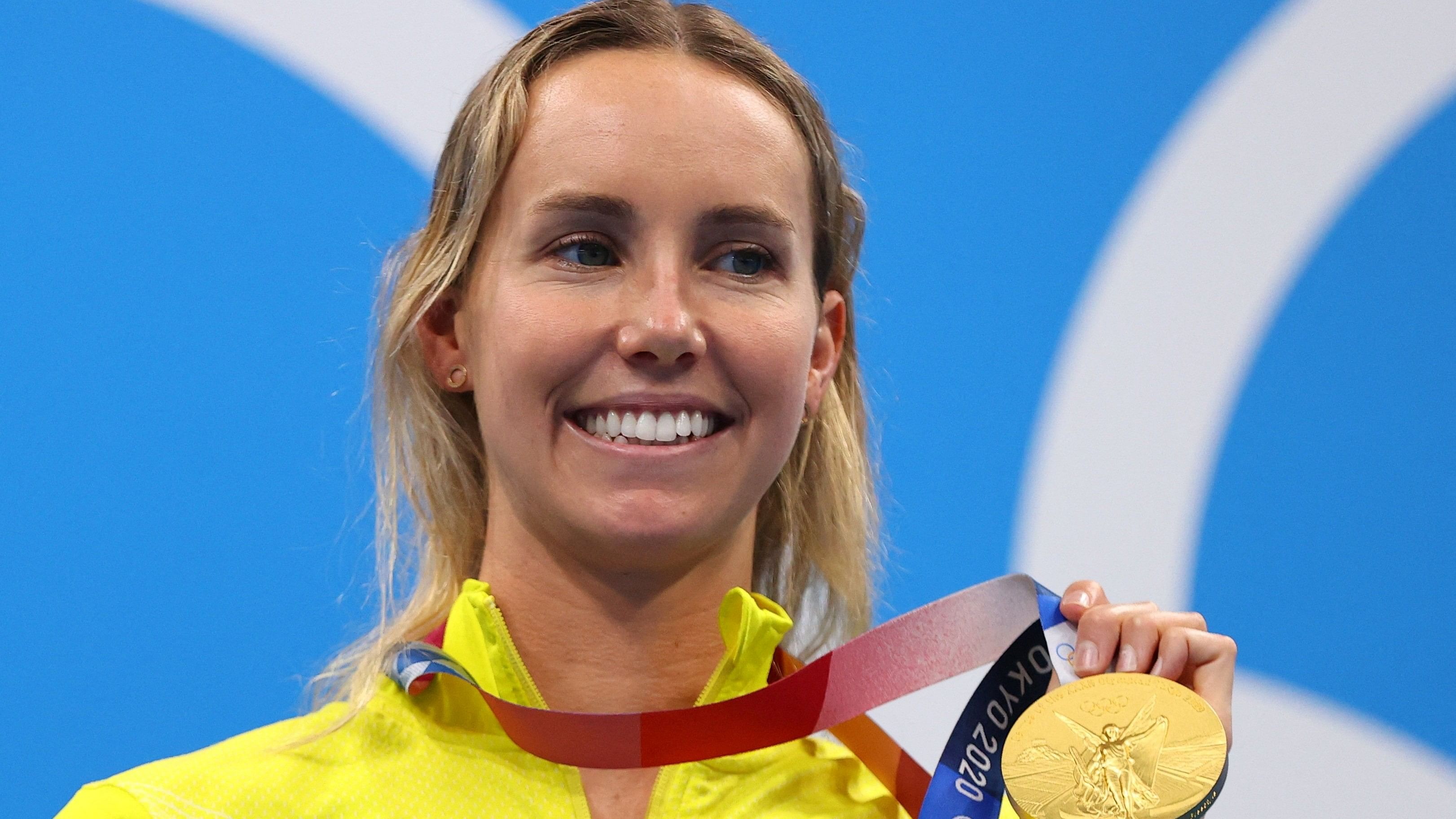 <div class="paragraphs"><p>Emma McKeon of Australia poses on the podium with the gold medal </p></div>