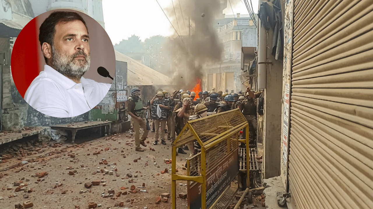 <div class="paragraphs"><p>Image showing Violence in Sambhal over Mosque survey, along with inset image of Rahul Gandhi.</p></div>