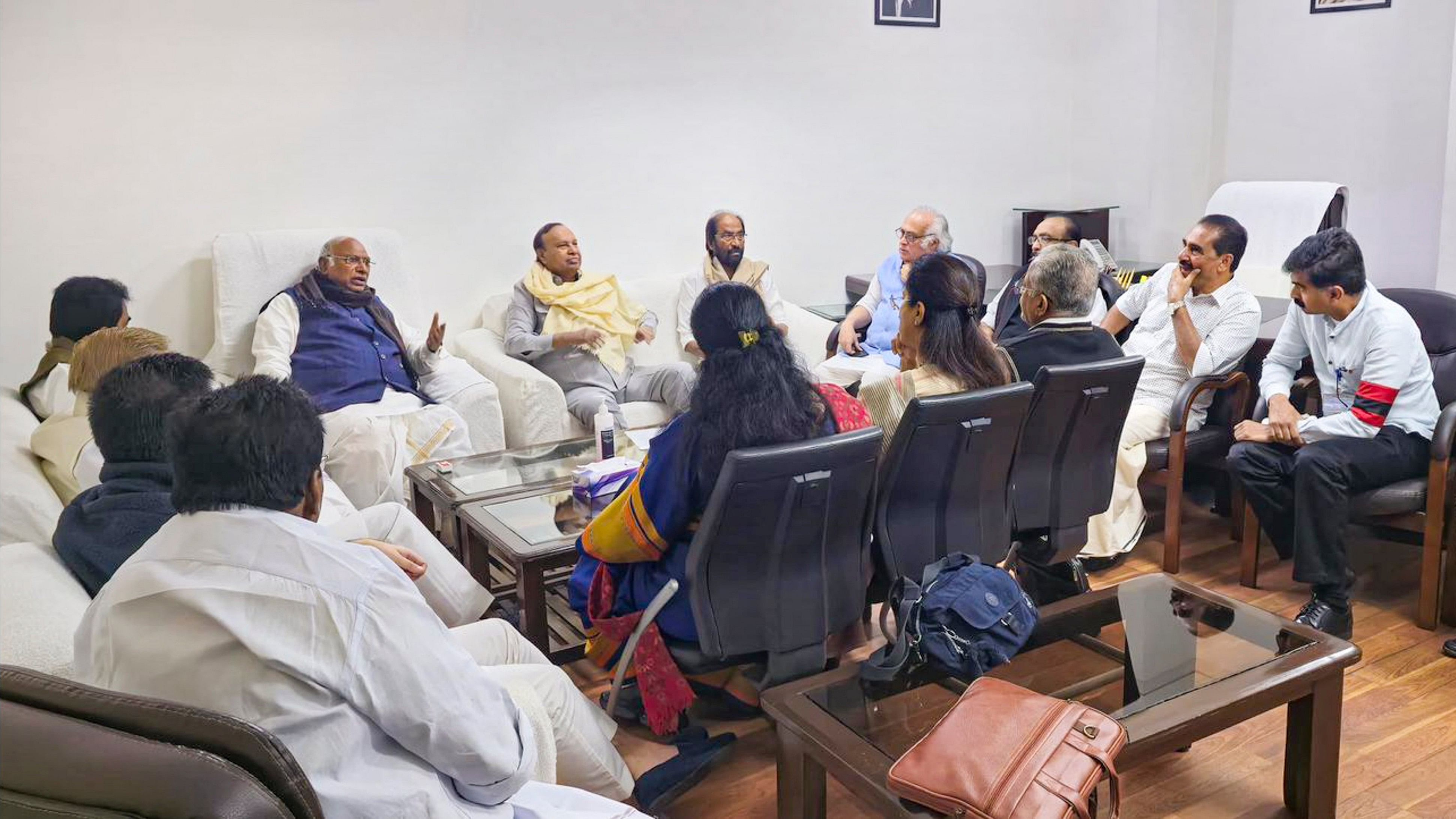 <div class="paragraphs"><p>Congress President and Leader of the Opposition in Rajya Sabha Mallikarjun Kharge with the floor leaders of I.N.D.I.A. bloc parties during a meeting at his office in Parliament House, on the first day of the Winter session, in New Delhi, Monday, Nov. 25, 2024.</p></div>