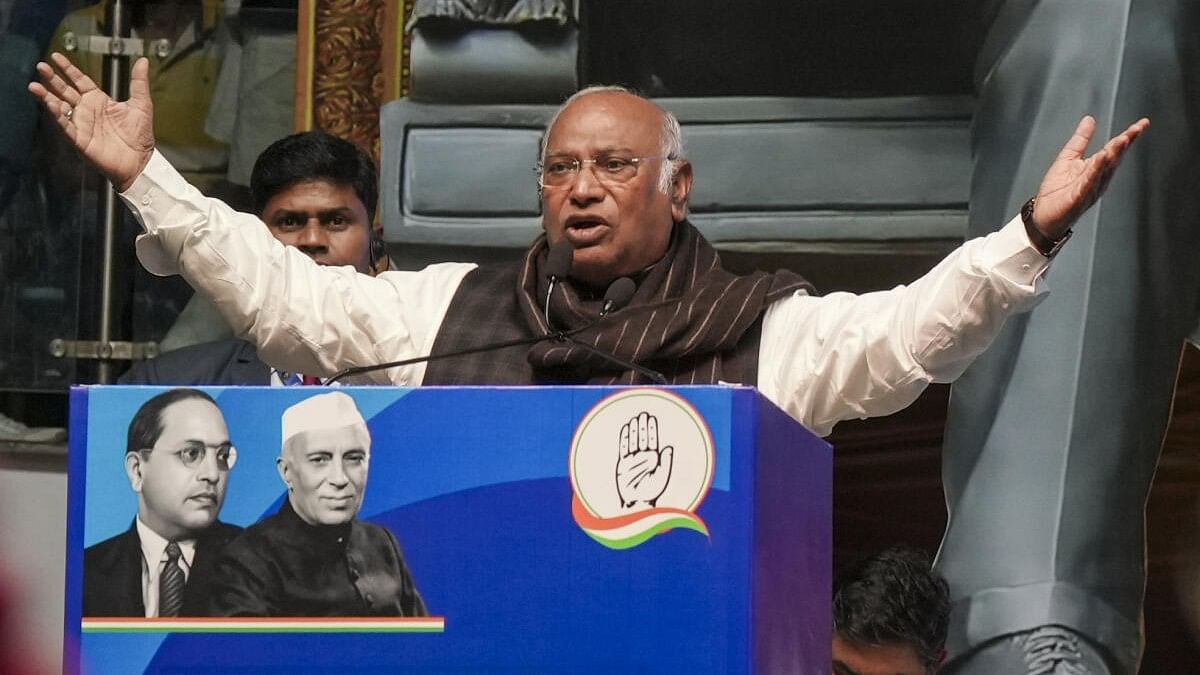 <div class="paragraphs"><p>Mallikarjun Kharge speaks on the occasion of Constitution Day at Talkatora Stadium in New Delhi.&nbsp;</p></div>