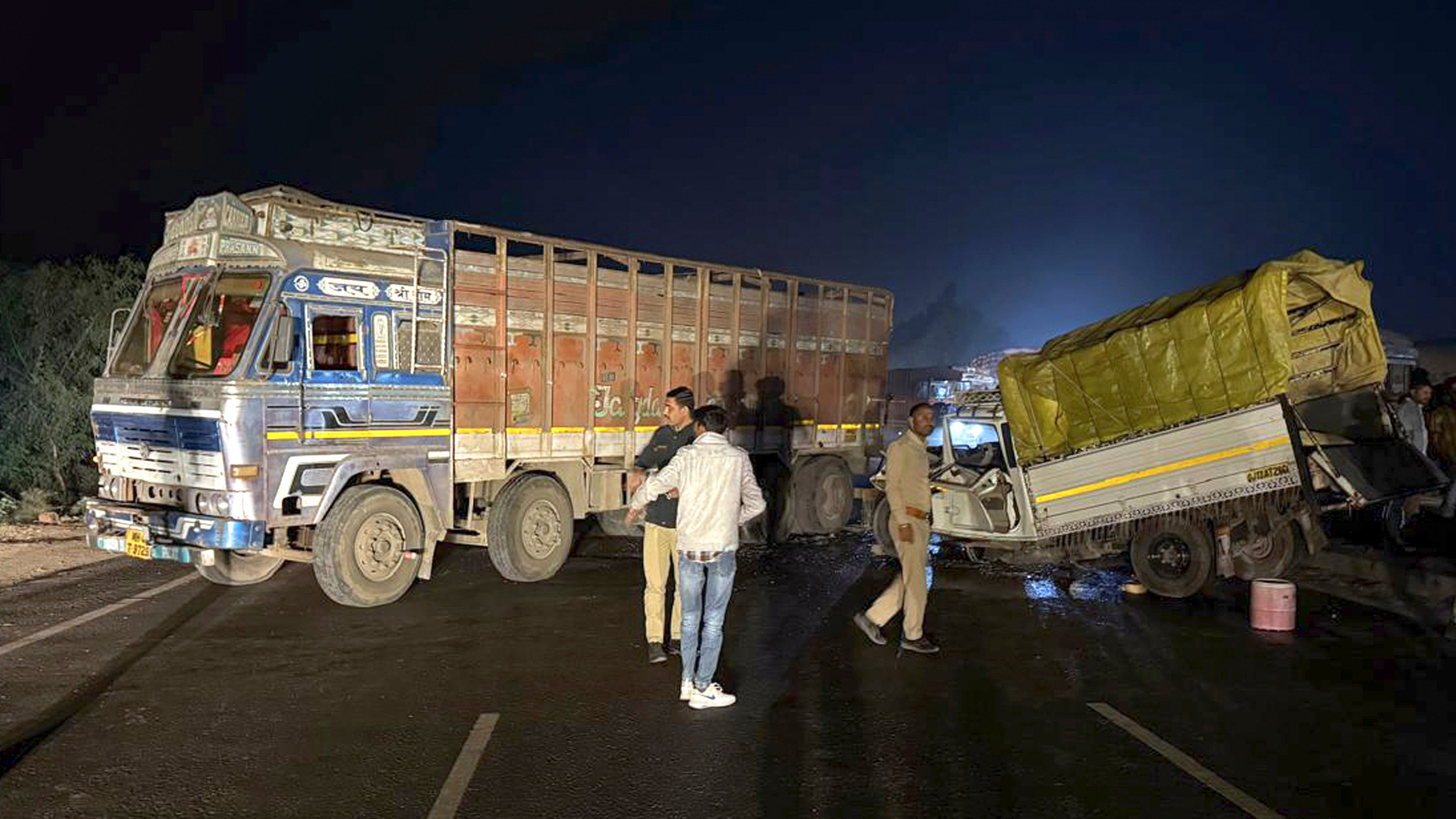 <div class="paragraphs"><p>Surendranagar: People near the damaged vehicles at the site after a collision between a pickup van and a truck, in Gujarat's Surendranagar district, on Monday night, Nov. 25, 2024. </p></div>