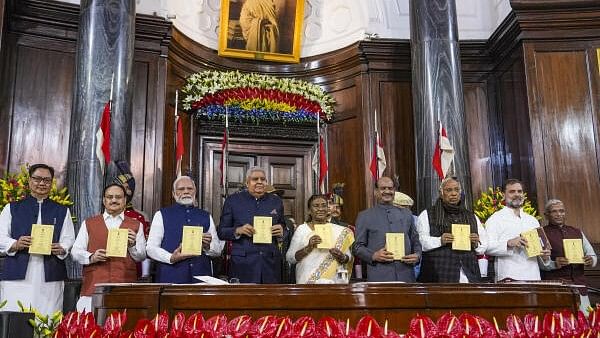 <div class="paragraphs"><p>President Droupadi Murmu with Vice President Jagdeep Dhankhar, Prime Minister Narendra Modi, Lok Sabha Speaker Om Birla, LoP in the Rajya Sabha Mallikarjun Kharge and LoP in the Lok Sabha Rahul Gandhi during 'Samvidhan Divas' function at Samvidhan Sadan, in New Delhi.&nbsp;</p></div>