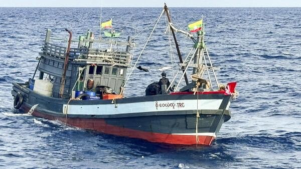 <div class="paragraphs"><p>Indian Coast Guard personnel apprehend a Myanmarese fishing boat with approximately 5500 kgs of Methamphetamine.</p></div>