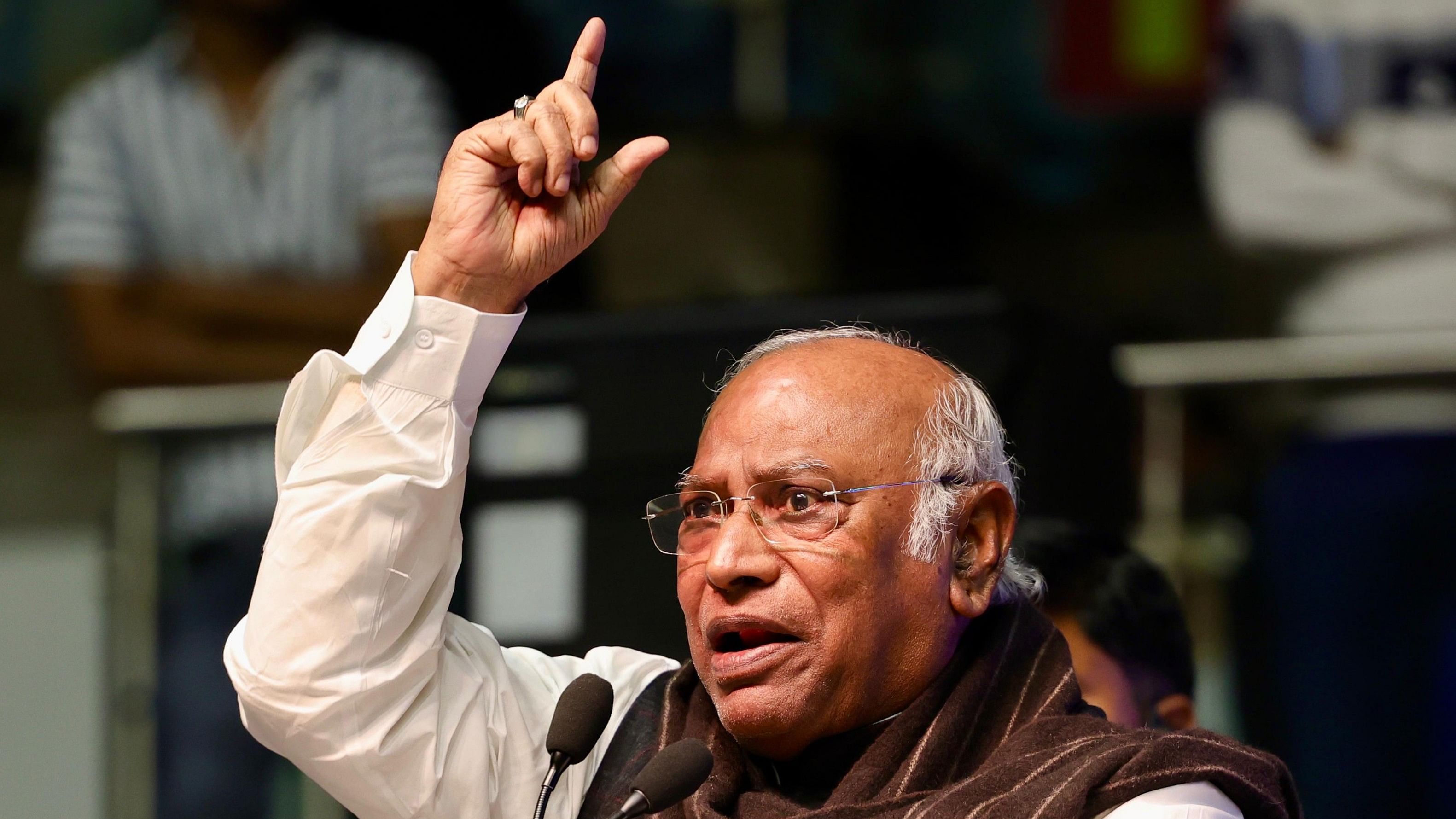 <div class="paragraphs"><p>Mallikarjun Kharge speaks on the occasion of Constitution Day in New Delhi.&nbsp;</p></div>