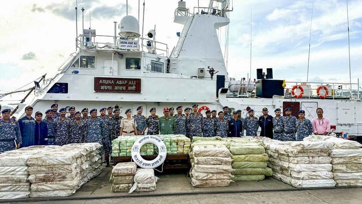 <div class="paragraphs"><p>Indian Coast Guard personnel apprehend a Myanmarese fishing boat with approximately 5500 kg of Methamphetamine.</p></div>