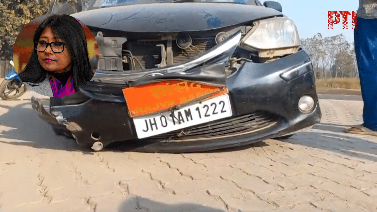 <div class="paragraphs"><p>Mahua Maji's car that met with an accident, with an inset image of the politician herself.</p></div>